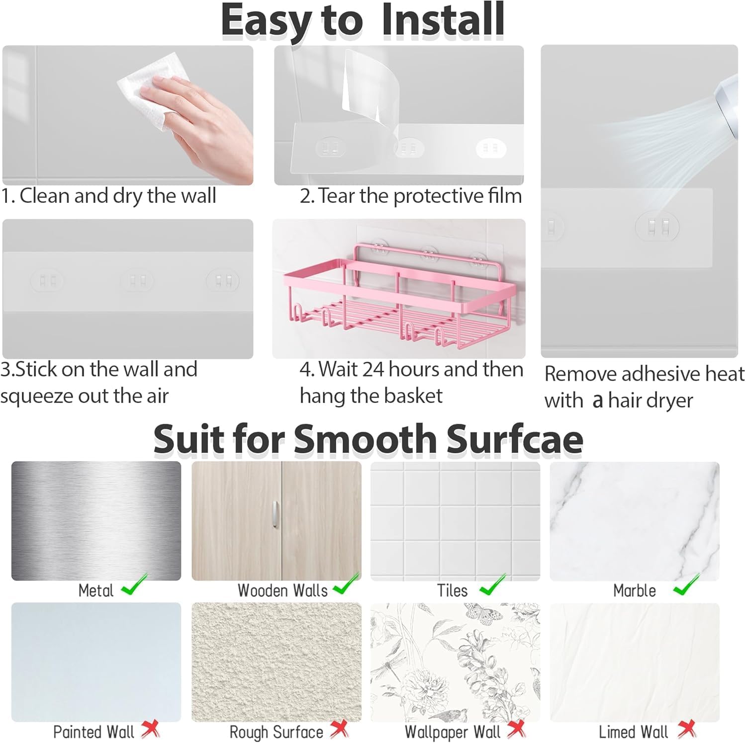 Rustproof & Waterproof Shower Caddy 5-Pack, No Drilling Adhesive Shelves Rack with Soap Holder, Large Capacity Bathroom Organizers and Storage, Girly Bathroom Accessory Decor Set, Pink - Image 7