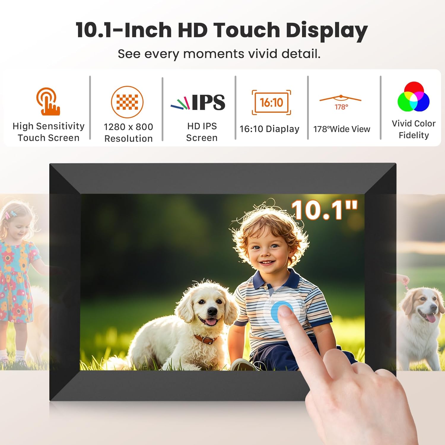 FANGOR 10.1 Inch WiFi Digital Picture Frame 1280x800 HD IPS Touch Screen, Electronic Smart Photo Frame with 32GB Storage, Auto-Rotate, Instantly Share Photos/Videos via Uhale App from Anywhere - Image 3