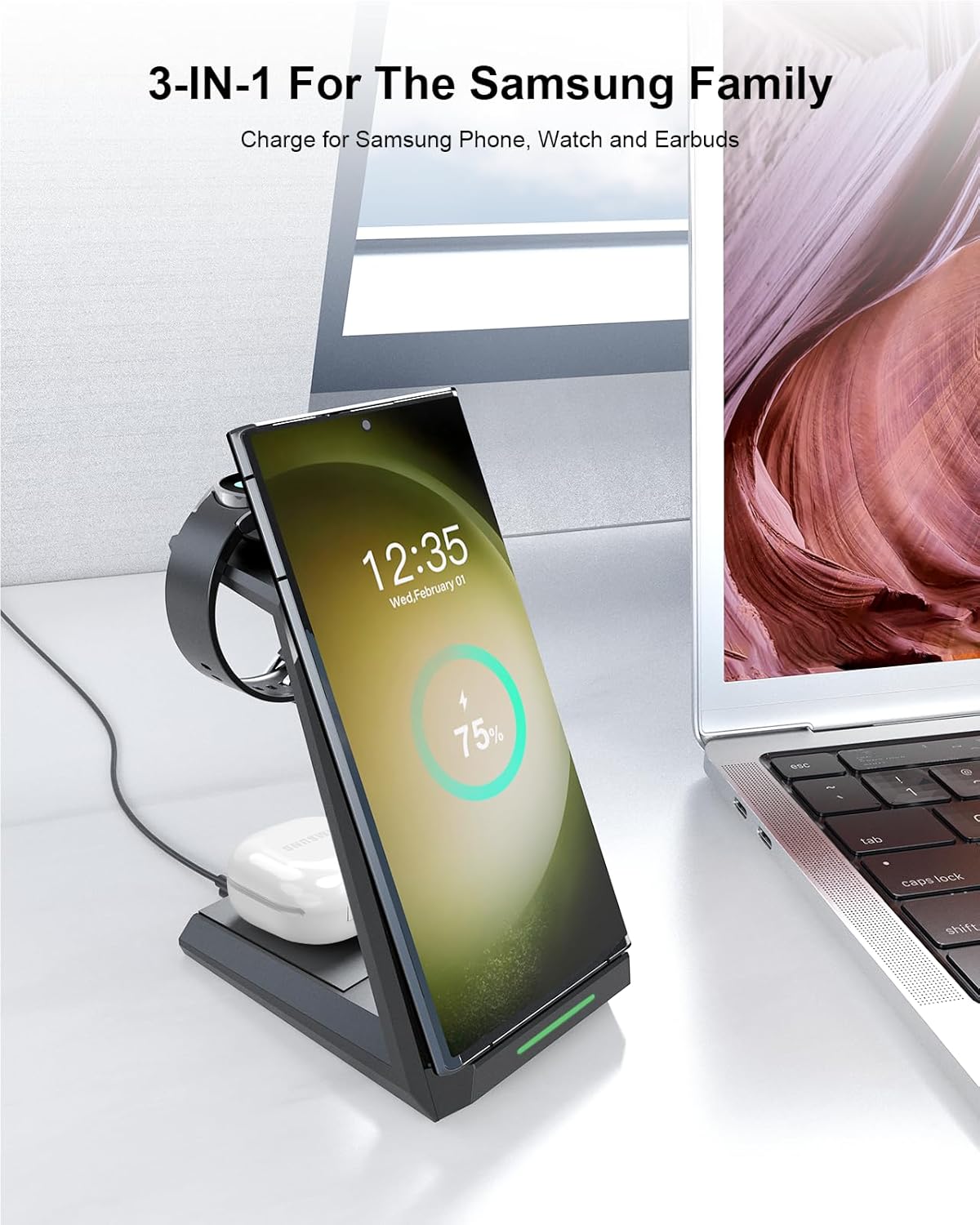 NANAMI Wireless Charger for Samsung - 3 in 1 Charging Station for Multiple Devices, Fast Charger Stand for Galaxy S25 S24 S23 S22 S21 Ultra Z Flip Fold 4, Galaxy Watch 6/5/5 Pro/4/3, Galaxy Buds 2 Pro - Image 3