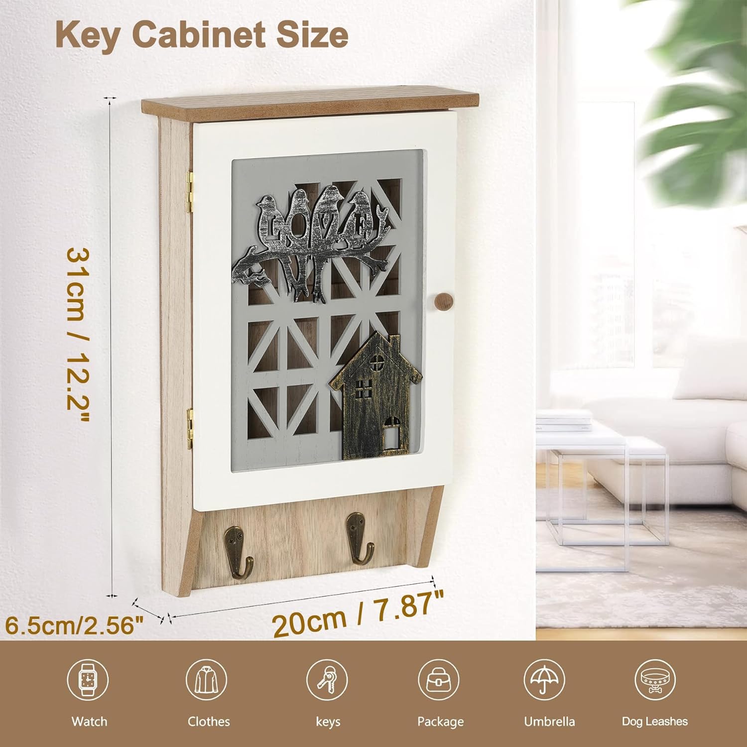 Azonee Wooden Key Holder for Wall, Key Cabinet Rustic Decorative Key Storage Box Key Hangers with 8 Hooks for Home Decor Office Entryway Hallway Bedroom Living Room - Image 3