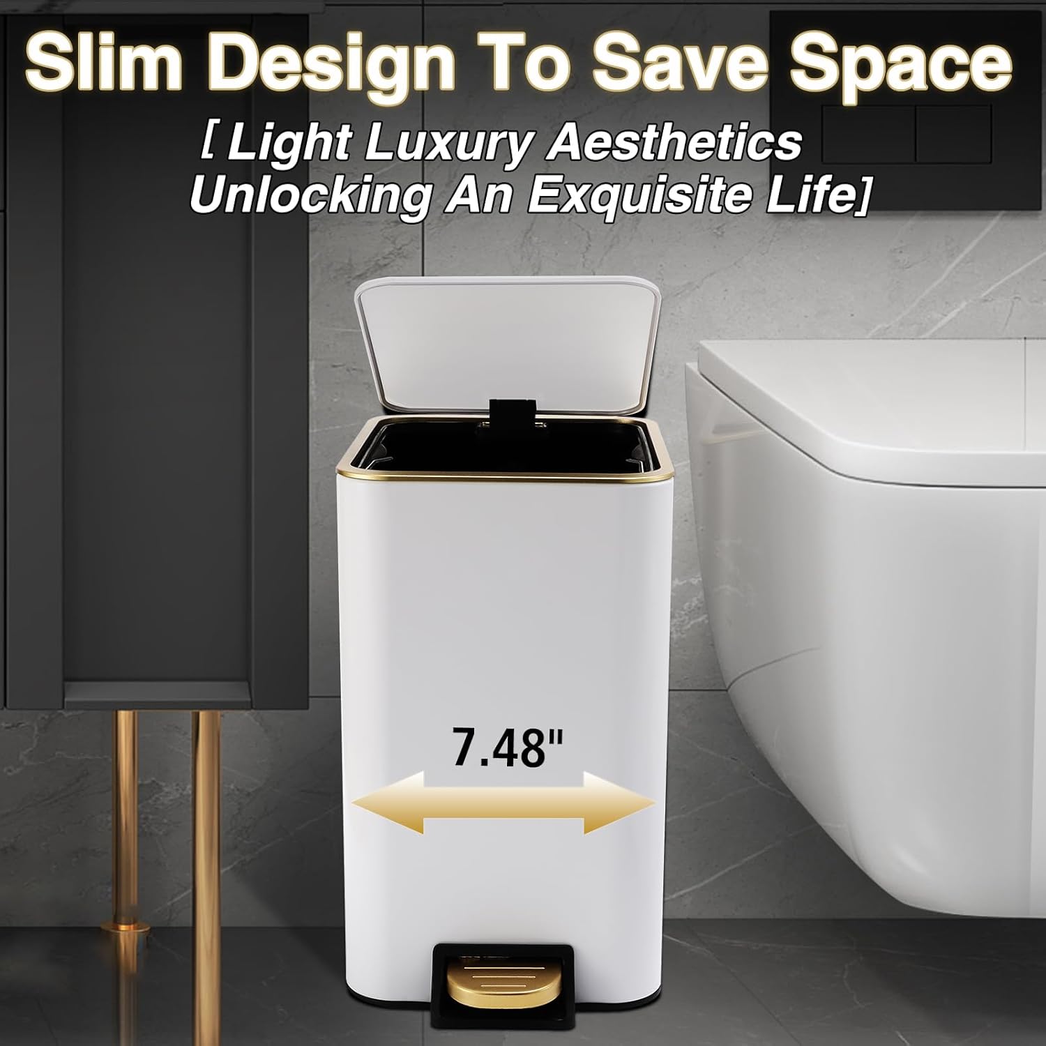 White Bathroom Accessories Set 8 Piece White and Gold Bathroom Set, Bathroom Sets with Stainless Steel Trash Can,Toilet Brush,Toothbrush Set,Soap Dispenser - Image 4