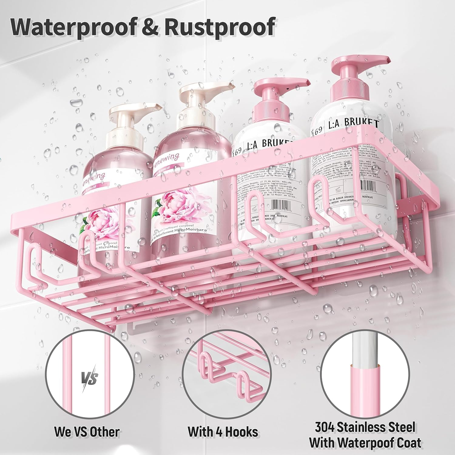 Rustproof & Waterproof Shower Caddy 5-Pack, No Drilling Adhesive Shelves Rack with Soap Holder, Large Capacity Bathroom Organizers and Storage, Girly Bathroom Accessory Decor Set, Pink - Image 3