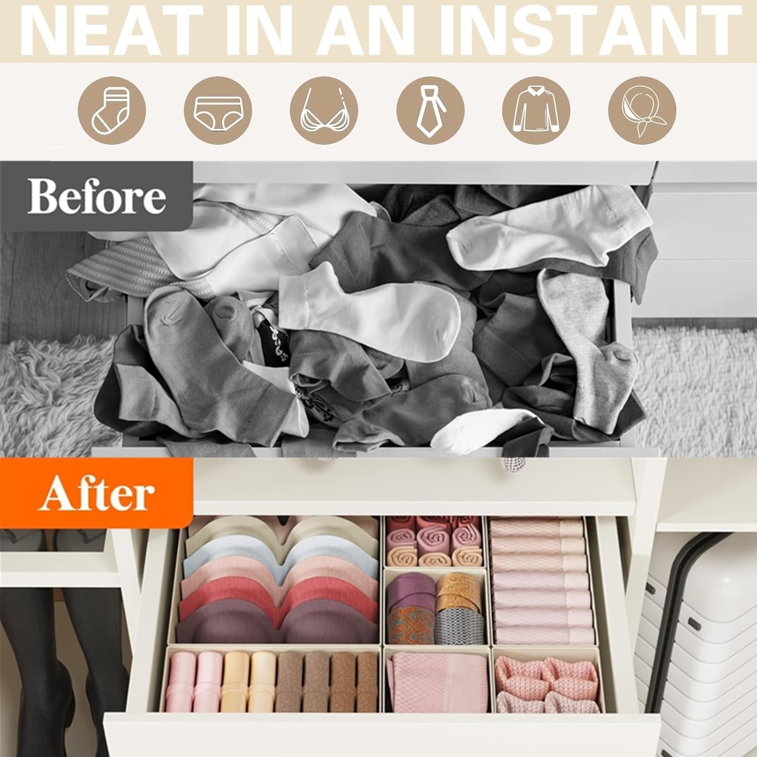 Beauenty Drawer Organizer, 12 Pack Closet Organizers and Storage, Underwear Organizers, Foldable Dresser Dividers, for Underwear, Socks, Clothes, Bras, Pants, Jeans(Beige) (12) - Image 4