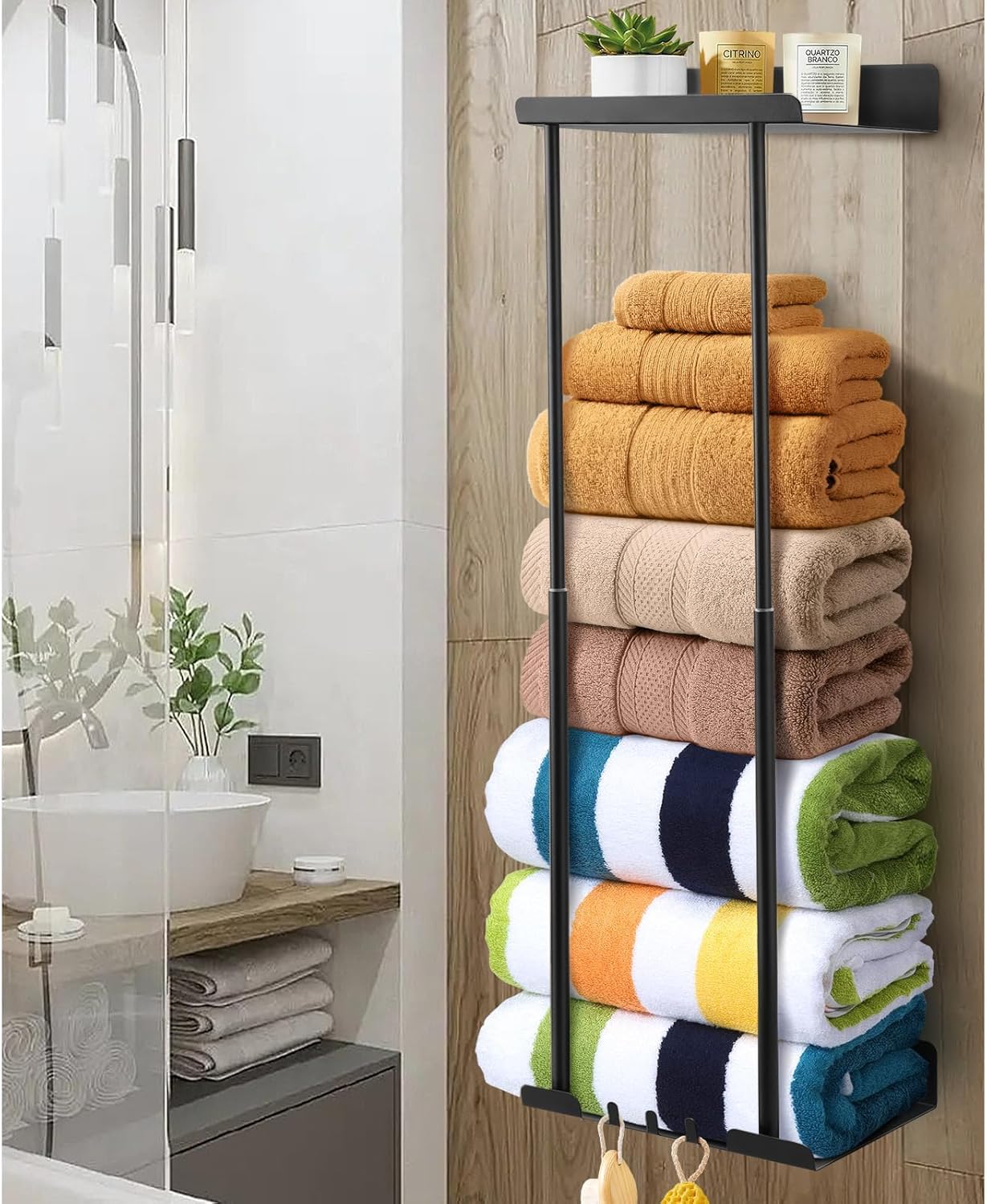 ZHHMl Towel Rack with Shelf for Bathroom Wall Mounted,Retractable Height Metal Bath Towel Rack with Reliable Hooks Storage for Rolled Towel(Black)
