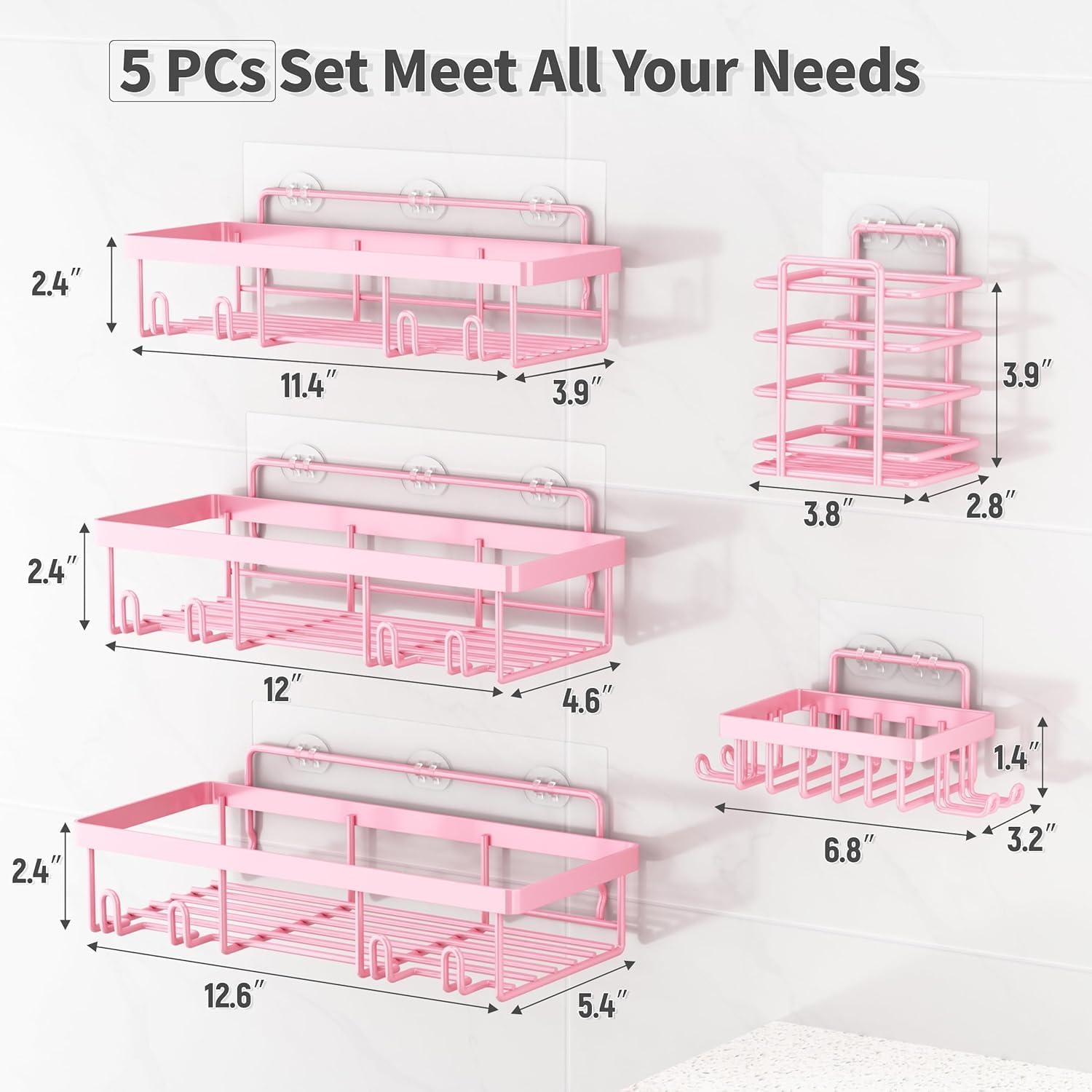 Rustproof & Waterproof Shower Caddy 5-Pack, No Drilling Adhesive Shelves Rack with Soap Holder, Large Capacity Bathroom Organizers and Storage, Girly Bathroom Accessory Decor Set, Pink - Image 6