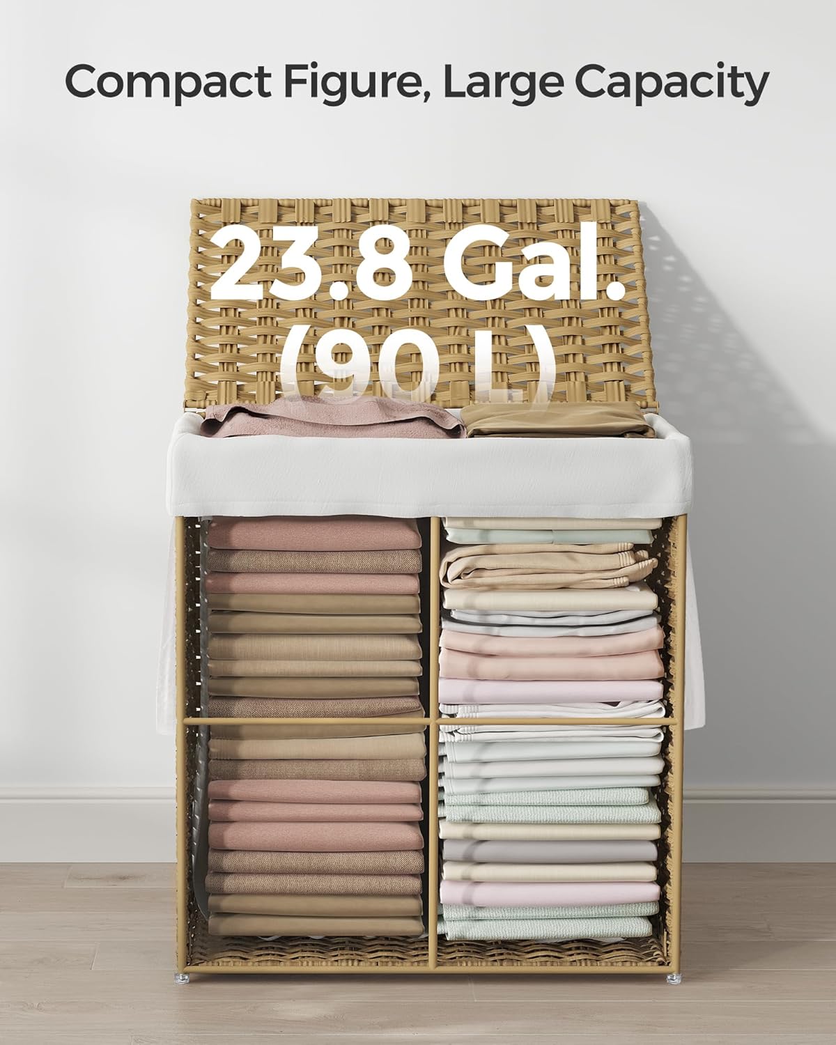SONGMICS Handwoven Laundry Hamper, 23.8 Gal (90L) Synthetic Rattan Clothes Laundry Basket with Lid and Handles, Foldable, Removable Liner Bag, Natural ULCB51NL - Image 5