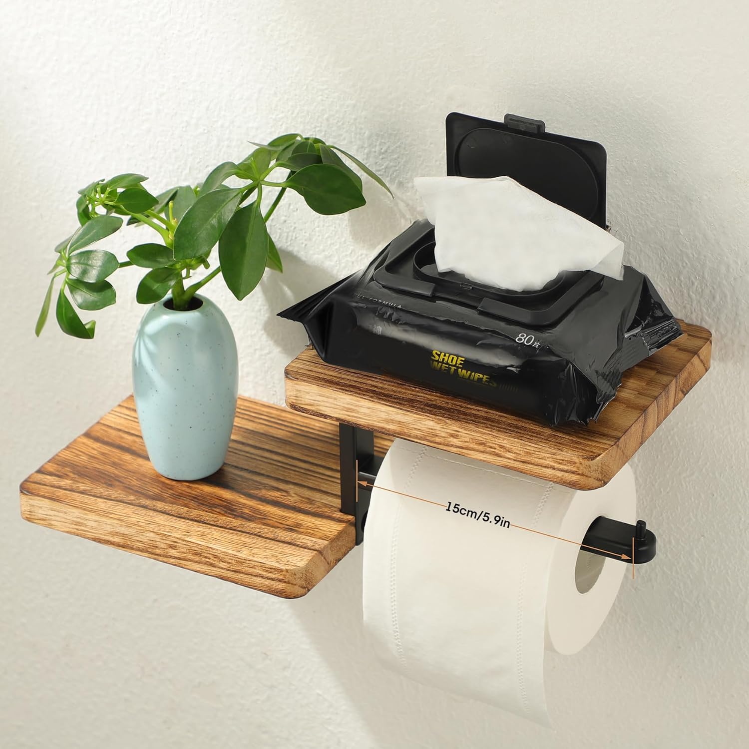 Wooden Vintage Toilet Roll Holder with Shelf Wall Mounted, Wall Mounted with Shelves for Storage, Wooden Vintage Style Double Shelf, Tissue Holder for Bathroom - Image 3