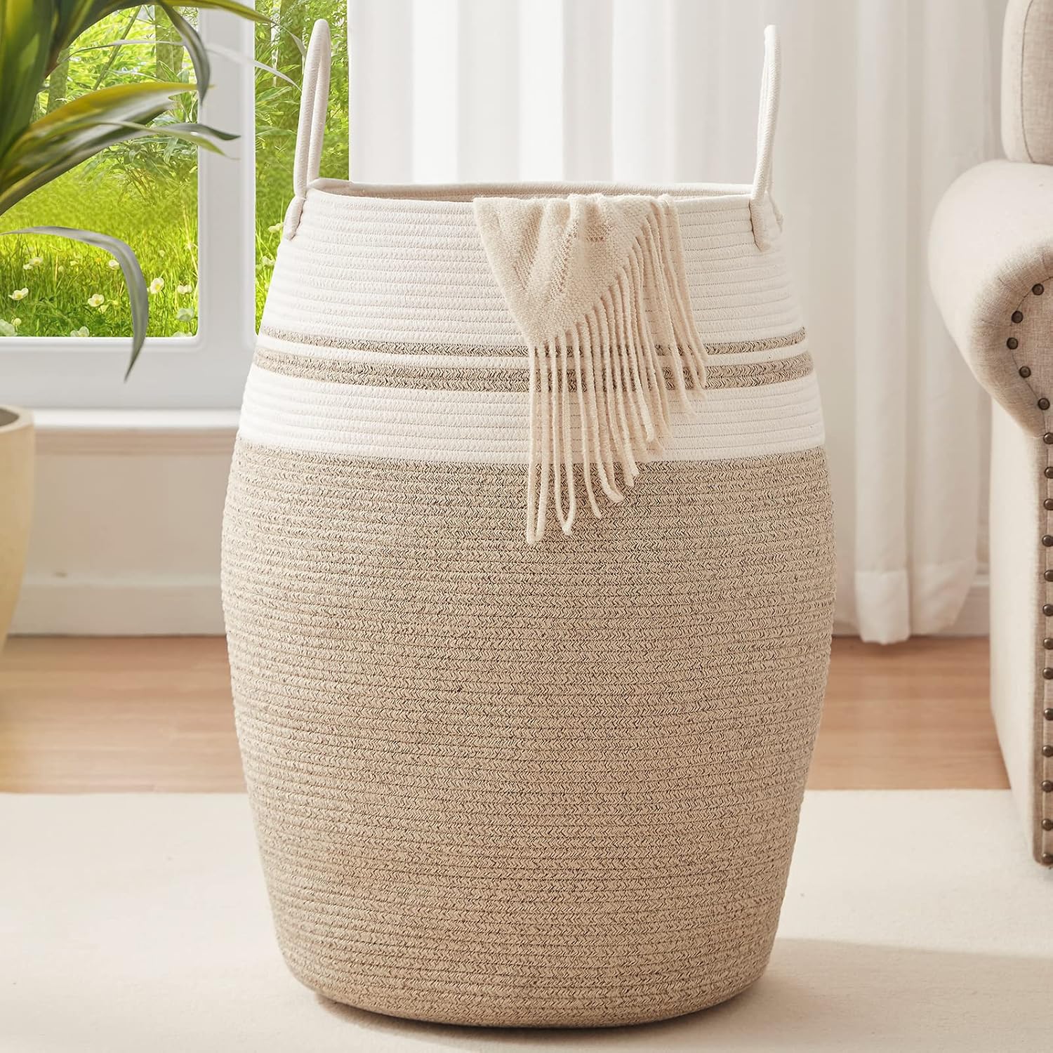 OIAHOMY Laundry Hamper Woven Cotton Rope Large Clothes Hamper 25.6" Height Tall Laundry Basket with Extended Cotton Handles for Storage Clothes Toys in Bedroom, Bathroom, Foldable (Yellow variegated)