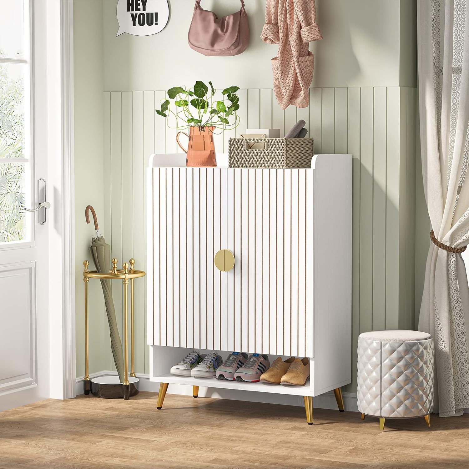 Tribesigns Shoe Cabinet with Doors, 6-Tier Shoe Storage Cabinet with Adjustable Shelves, Wooden Shoes Rack Shoe Storage Organizer for Entryway, Hallway, Closet, Living Room, White & Gold - Image 4