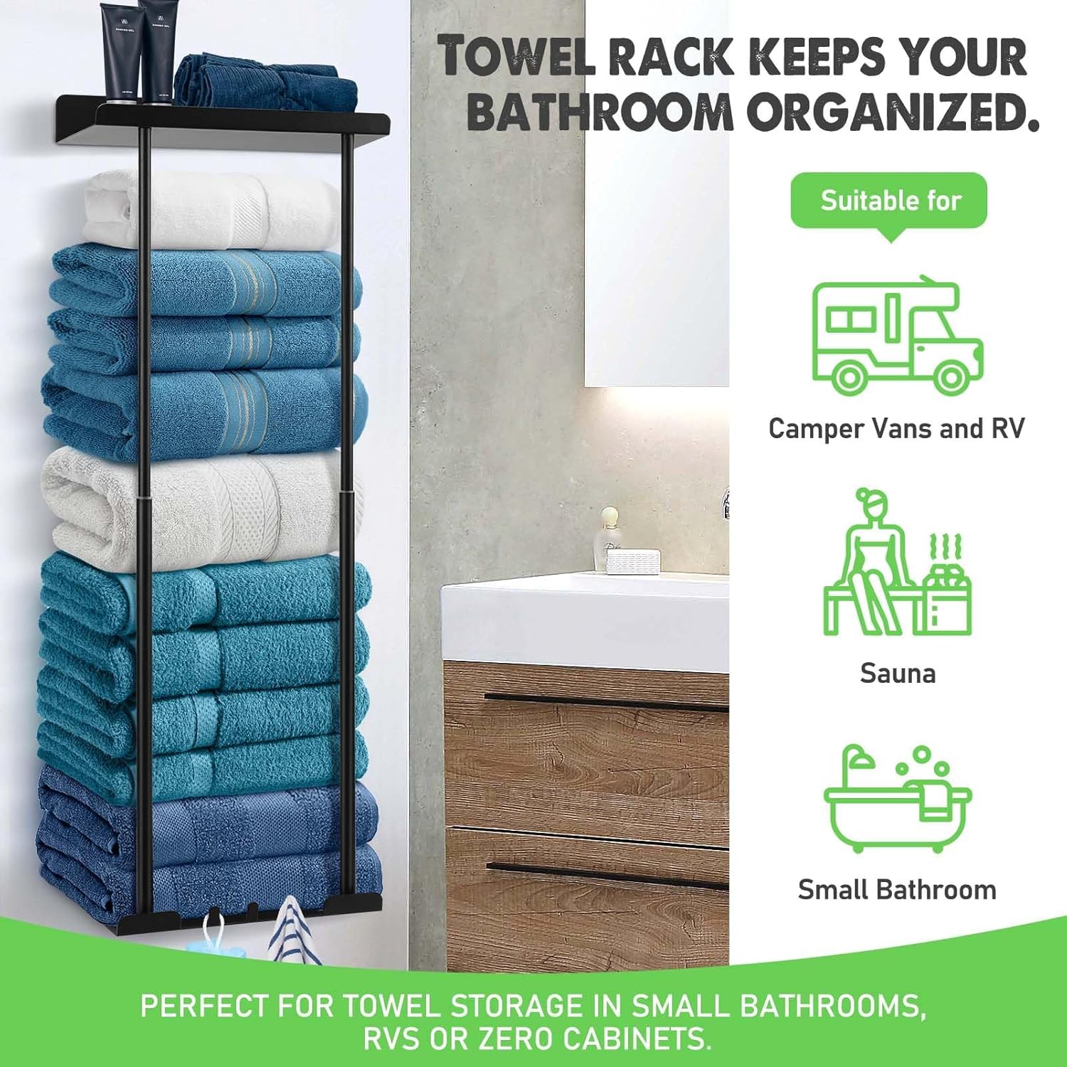 ZHHMl Towel Rack with Shelf for Bathroom Wall Mounted,Retractable Height Metal Bath Towel Rack with Reliable Hooks Storage for Rolled Towel(Black) - Image 6