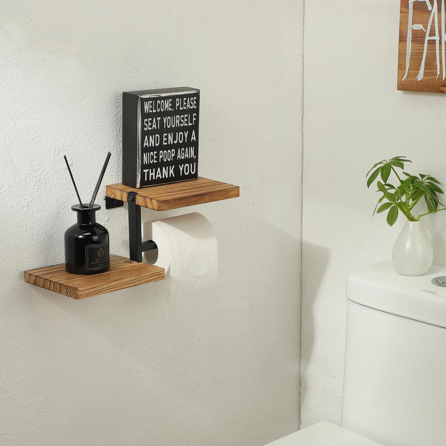 Wooden Vintage Toilet Roll Holder with Shelf Wall Mounted, Wall Mounted with Shelves for Storage, Wooden Vintage Style Double Shelf, Tissue Holder for Bathroom - Image 4