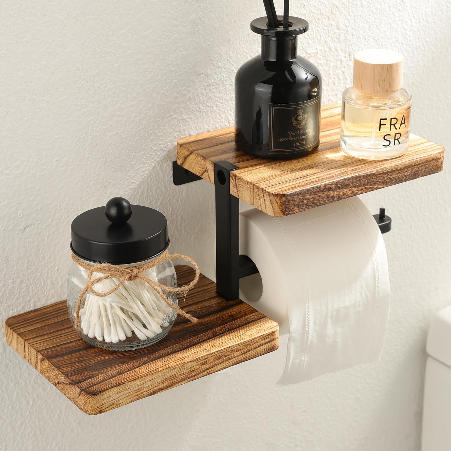 Wooden Vintage Toilet Roll Holder with Shelf Wall Mounted, Wall Mounted with Shelves for Storage, Wooden Vintage Style Double Shelf, Tissue Holder for Bathroom