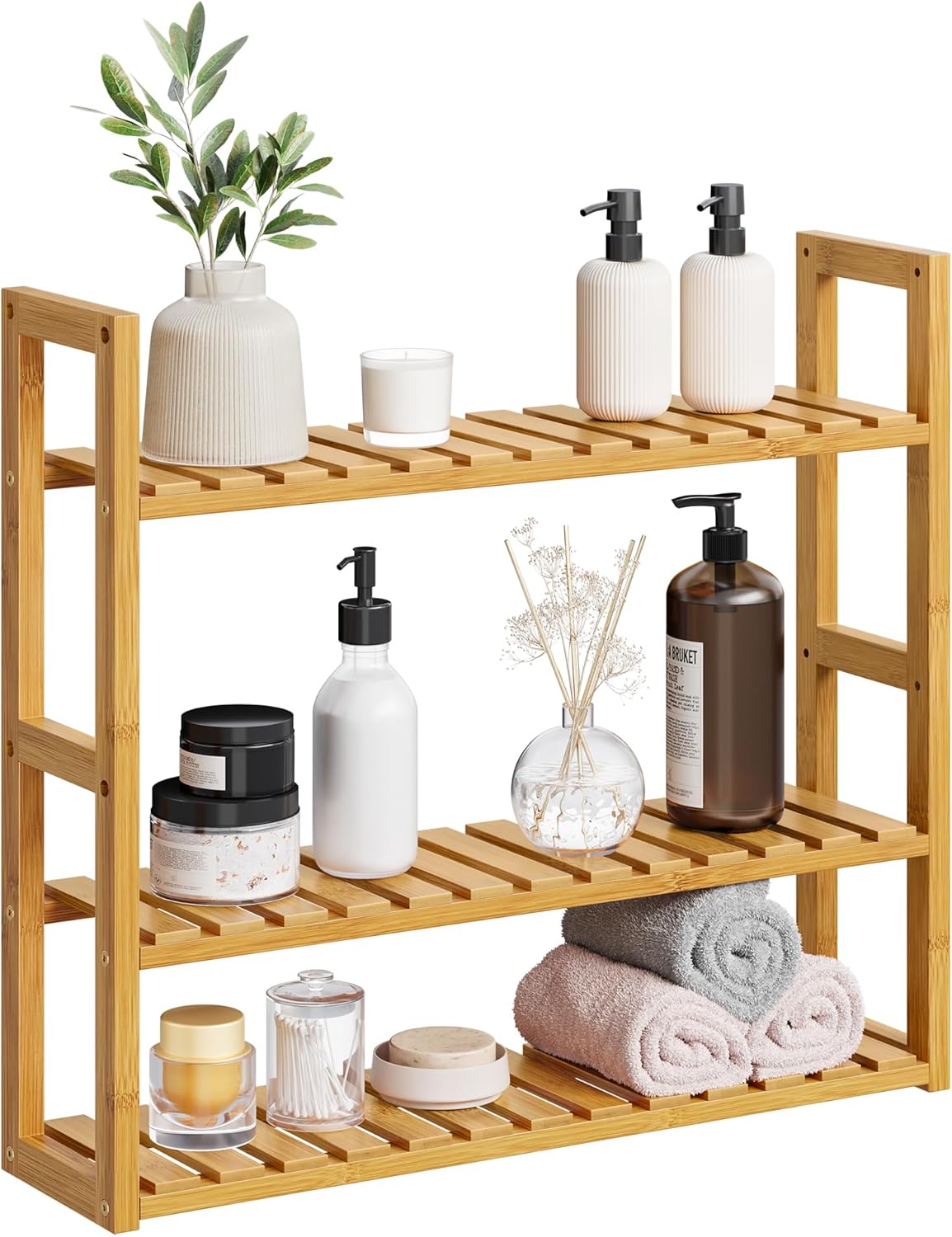 SONGMICS bamboo bathroom shelves, 3-Tier Adjustable Layer Rack, Bathroom Towel Shelf, Utility Storage Shelf Rack, Wall Mounted Organizer shelf, For Bathroom Kitchen Living Room Holder Natural UBCB13Y