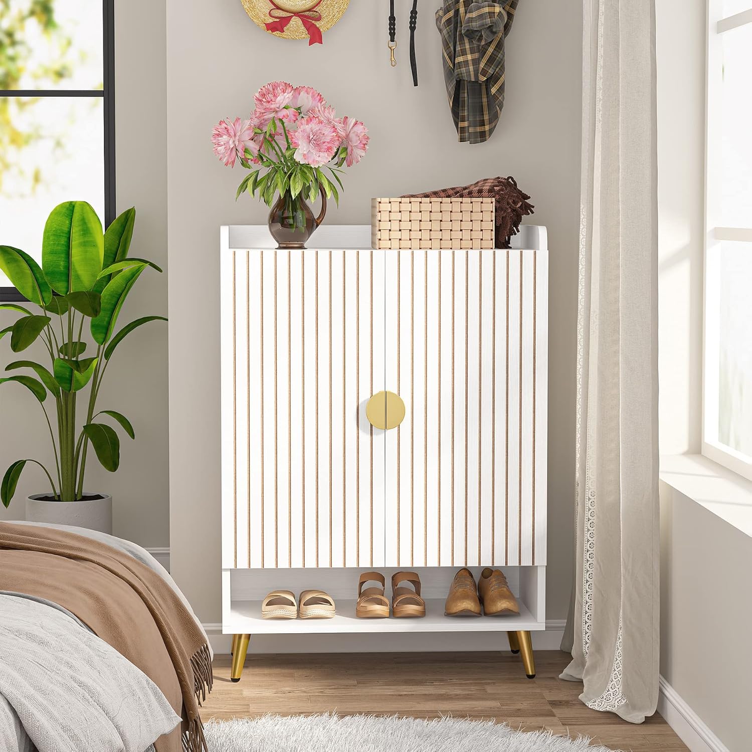 Tribesigns Shoe Cabinet with Doors, 6-Tier Shoe Storage Cabinet with Adjustable Shelves, Wooden Shoes Rack Shoe Storage Organizer for Entryway, Hallway, Closet, Living Room, White & Gold - Image 3