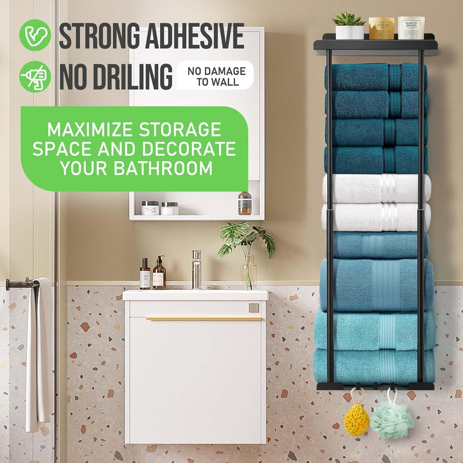 ZHHMl Towel Rack with Shelf for Bathroom Wall Mounted,Retractable Height Metal Bath Towel Rack with Reliable Hooks Storage for Rolled Towel(Black) - Image 2