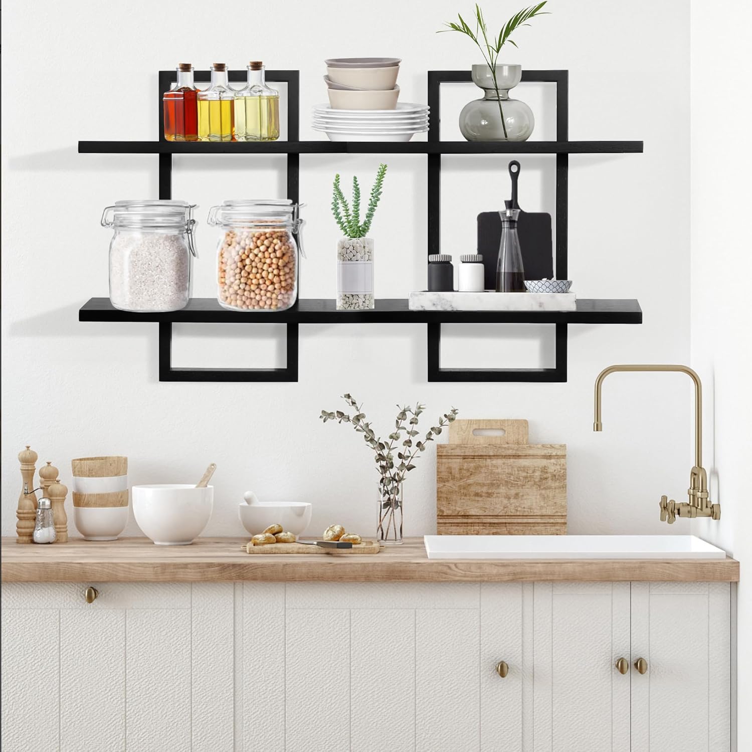 PHOENANCEE Floating Shelves for Wall,Display Hanging Shelf Set of 2,Modern Decorative Plants Shelves,Wood Home Decor Storage Chic for Living Room Bedroom Bathroom Office,Oak Frame,2-Tier Black - Image 7