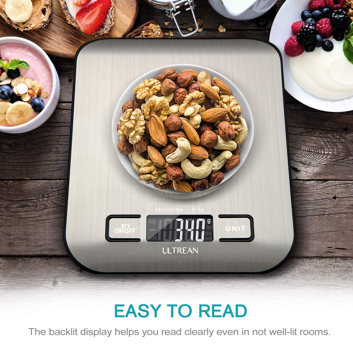 Ultrean Digital Food Scale, High Precision Kitchen Scale, Measures in Grams and Ounces for Cooking and Baking, 5 Units with Tare Function, Stainless Surface (Batteries Included) - Silver - Image 4