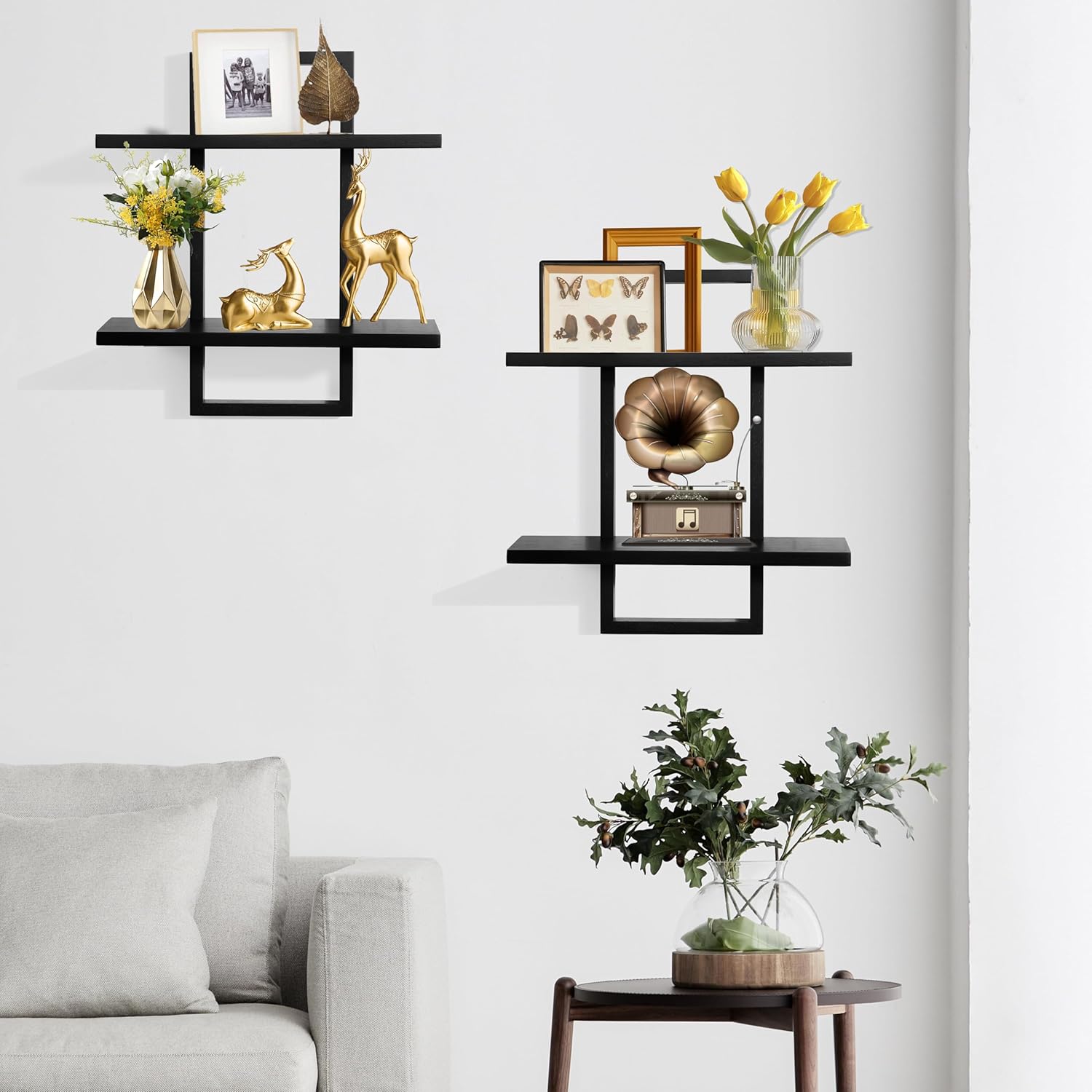 PHOENANCEE Floating Shelves for Wall,Display Hanging Shelf Set of 2,Modern Decorative Plants Shelves,Wood Home Decor Storage Chic for Living Room Bedroom Bathroom Office,Oak Frame,2-Tier Black - Image 6