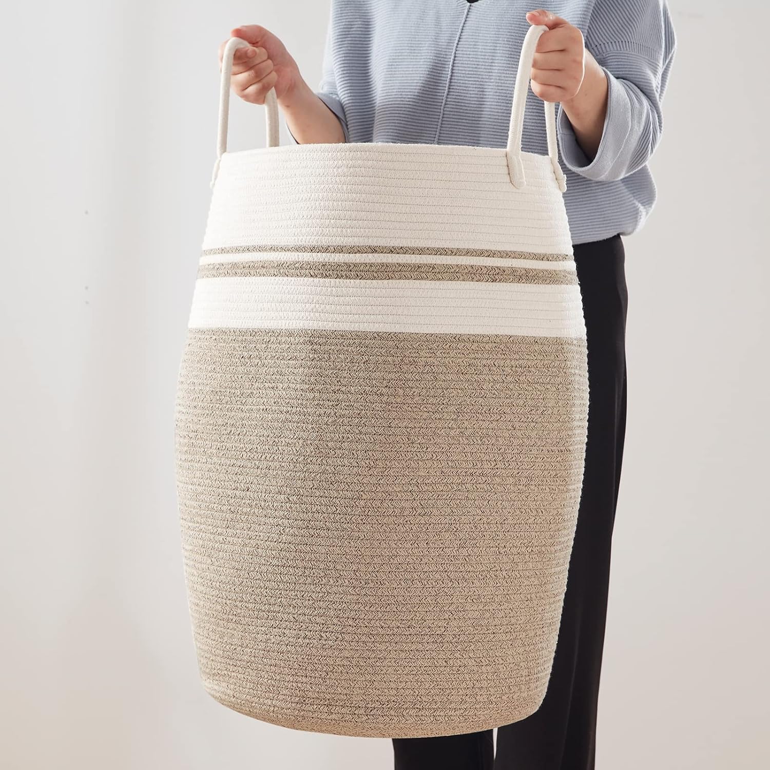 OIAHOMY Laundry Hamper Woven Cotton Rope Large Clothes Hamper 25.6" Height Tall Laundry Basket with Extended Cotton Handles for Storage Clothes Toys in Bedroom, Bathroom, Foldable (Yellow variegated) - Image 7