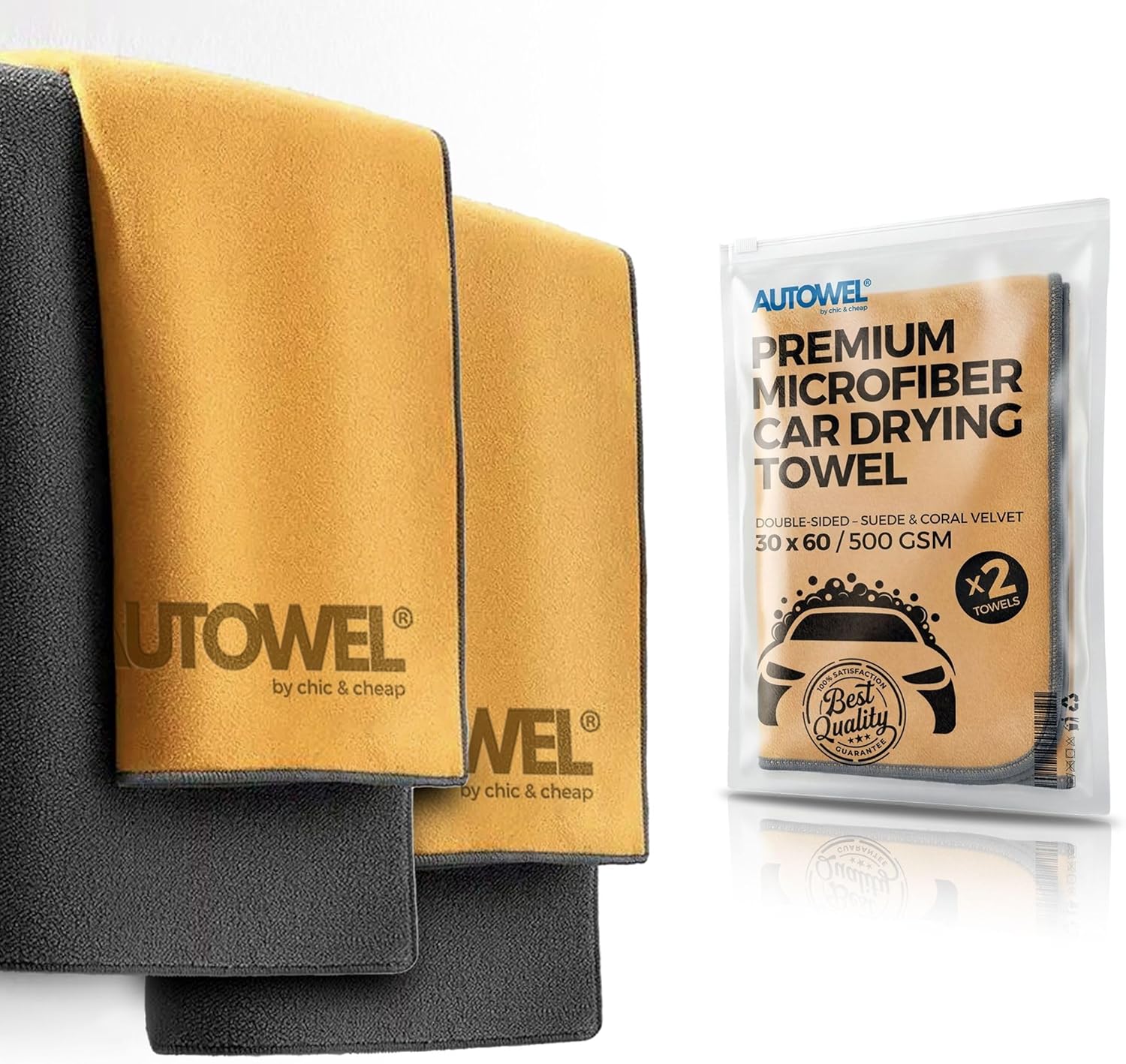 AUTOWEL® Premium Double-Sided Microfiber Car Drying Towel – Suede & Coral Velvet Detailing Cloth – Ultra Soft, Scratch-Free & Super Absorbent – Lint-Free for Cars, Bikes & Home (30x60 cm, Pack of 2)