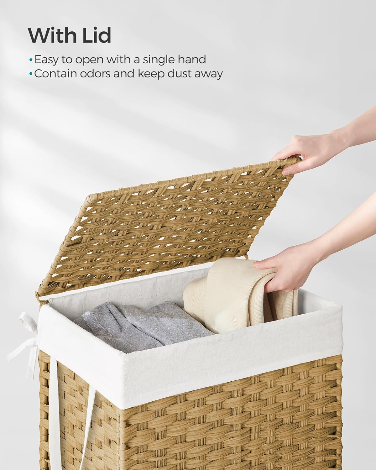 SONGMICS Handwoven Laundry Hamper, 23.8 Gal (90L) Synthetic Rattan Clothes Laundry Basket with Lid and Handles, Foldable, Removable Liner Bag, Natural ULCB51NL - Image 3