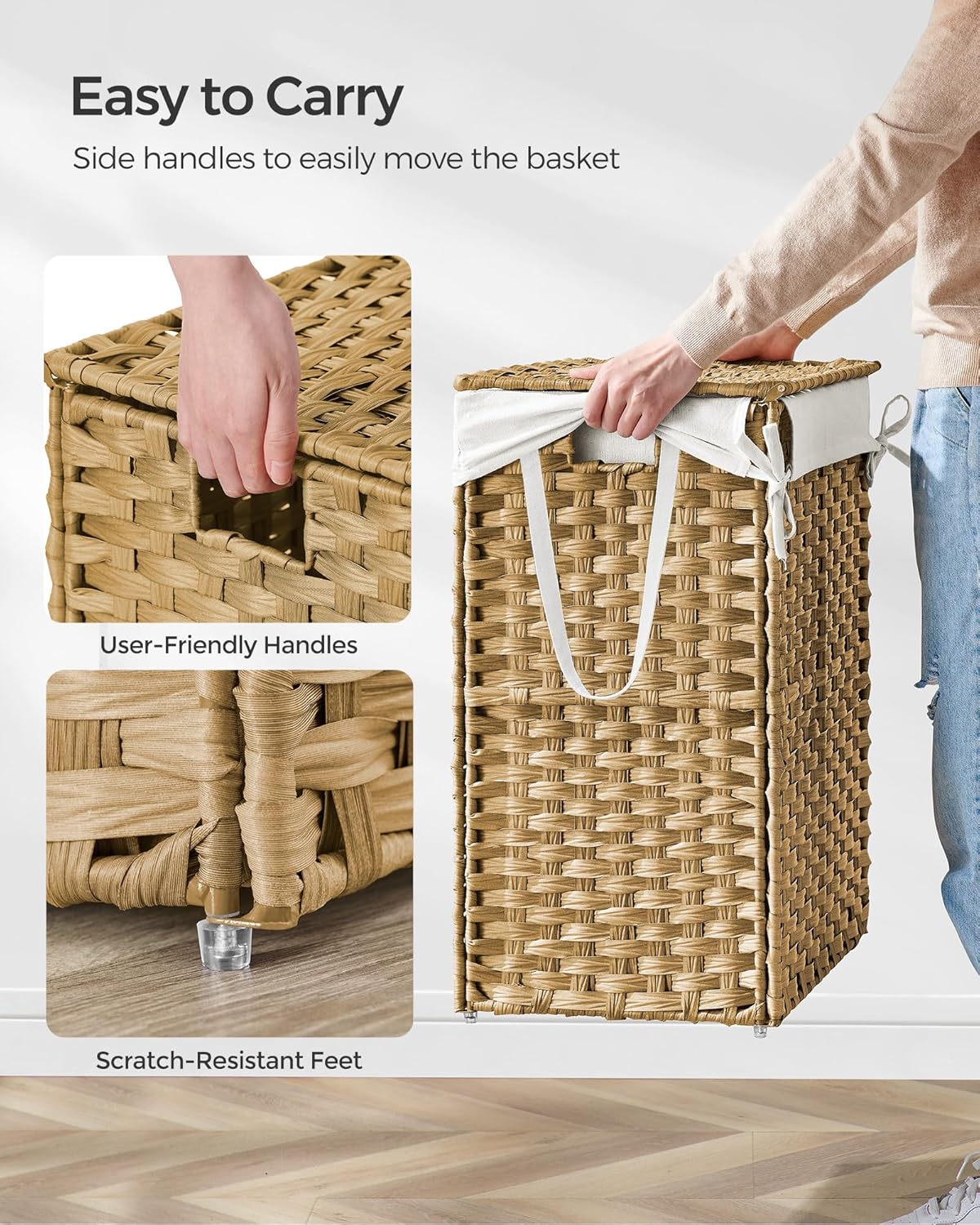 SONGMICS Handwoven Laundry Hamper, 23.8 Gal (90L) Synthetic Rattan Clothes Laundry Basket with Lid and Handles, Foldable, Removable Liner Bag, Natural ULCB51NL - Image 4