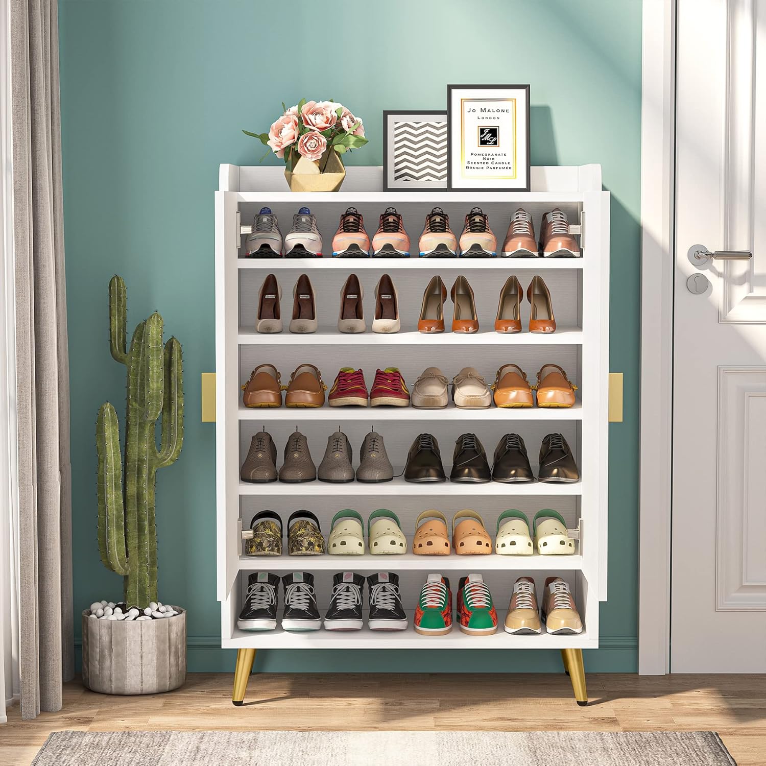 Tribesigns Shoe Cabinet with Doors, 6-Tier Shoe Storage Cabinet with Adjustable Shelves, Wooden Shoes Rack Shoe Storage Organizer for Entryway, Hallway, Closet, Living Room, White & Gold - Image 5