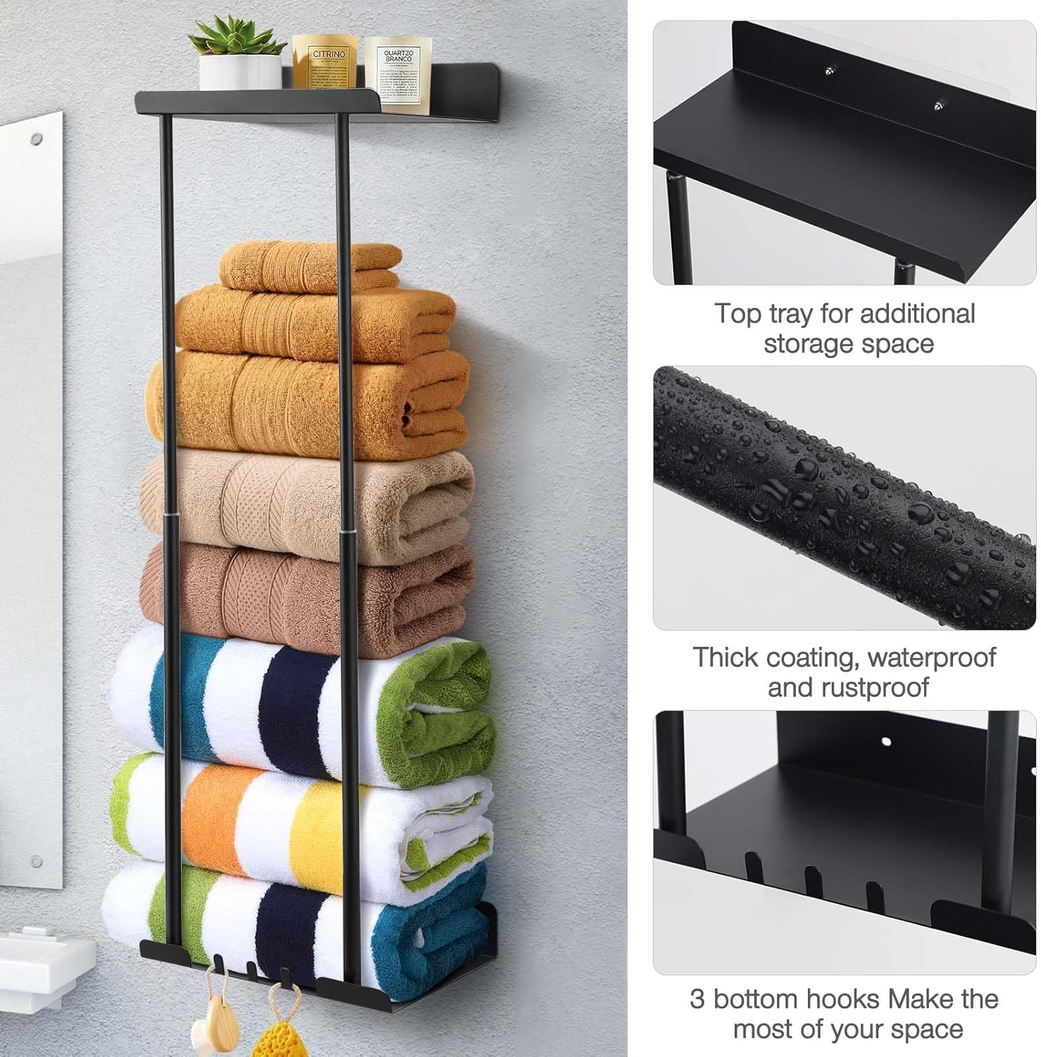 ZHHMl Towel Rack with Shelf for Bathroom Wall Mounted,Retractable Height Metal Bath Towel Rack with Reliable Hooks Storage for Rolled Towel(Black) - Image 3