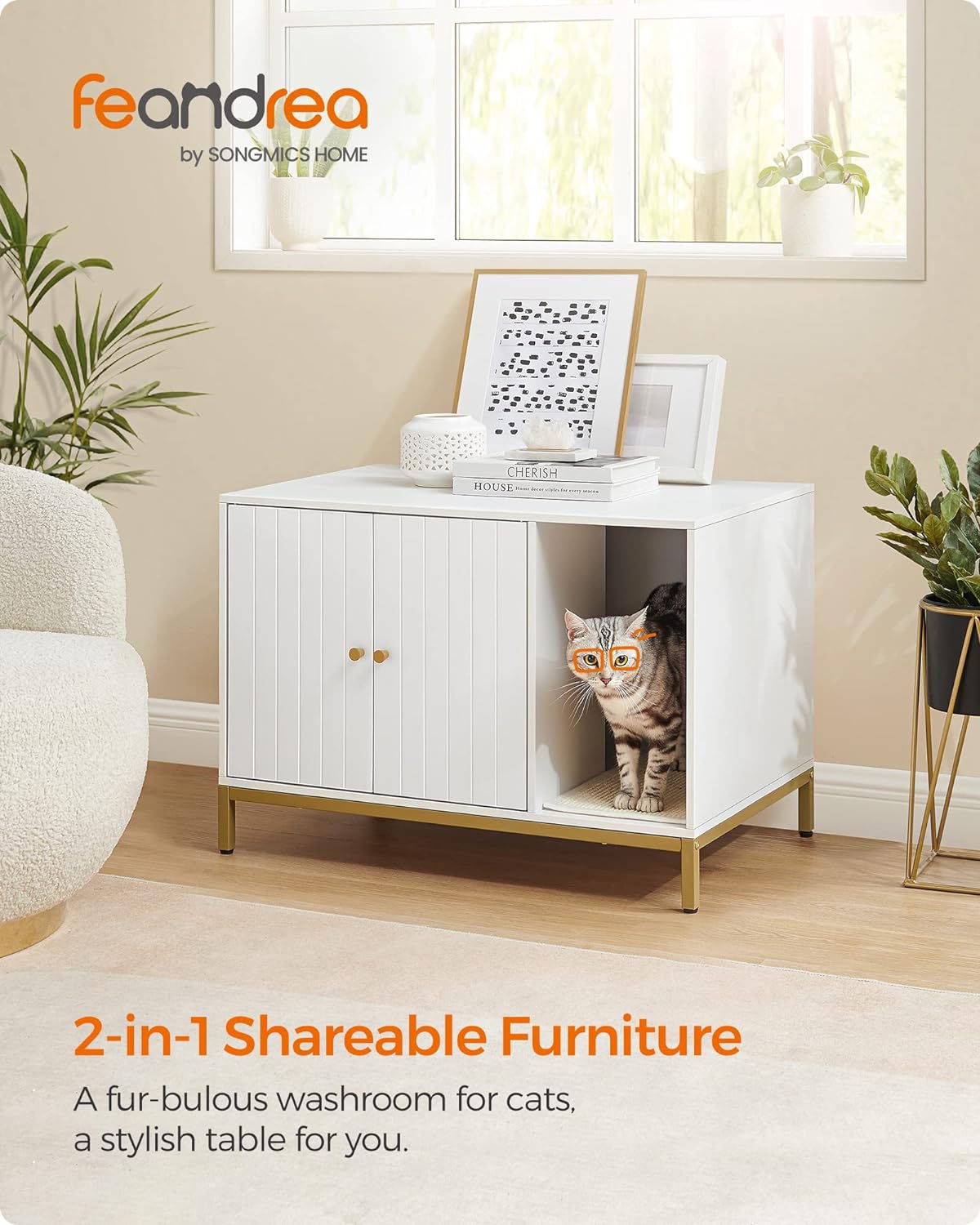 Feandrea Litter Box Enclosure, Modern Cat Litter Box Furniture Hidden, with Scratching Mat, Tall Legs, Cat House, Side End Table, 31.5 x 19.7 x 21.7 Inches, White and Gold UPCL007W01 - Image 2