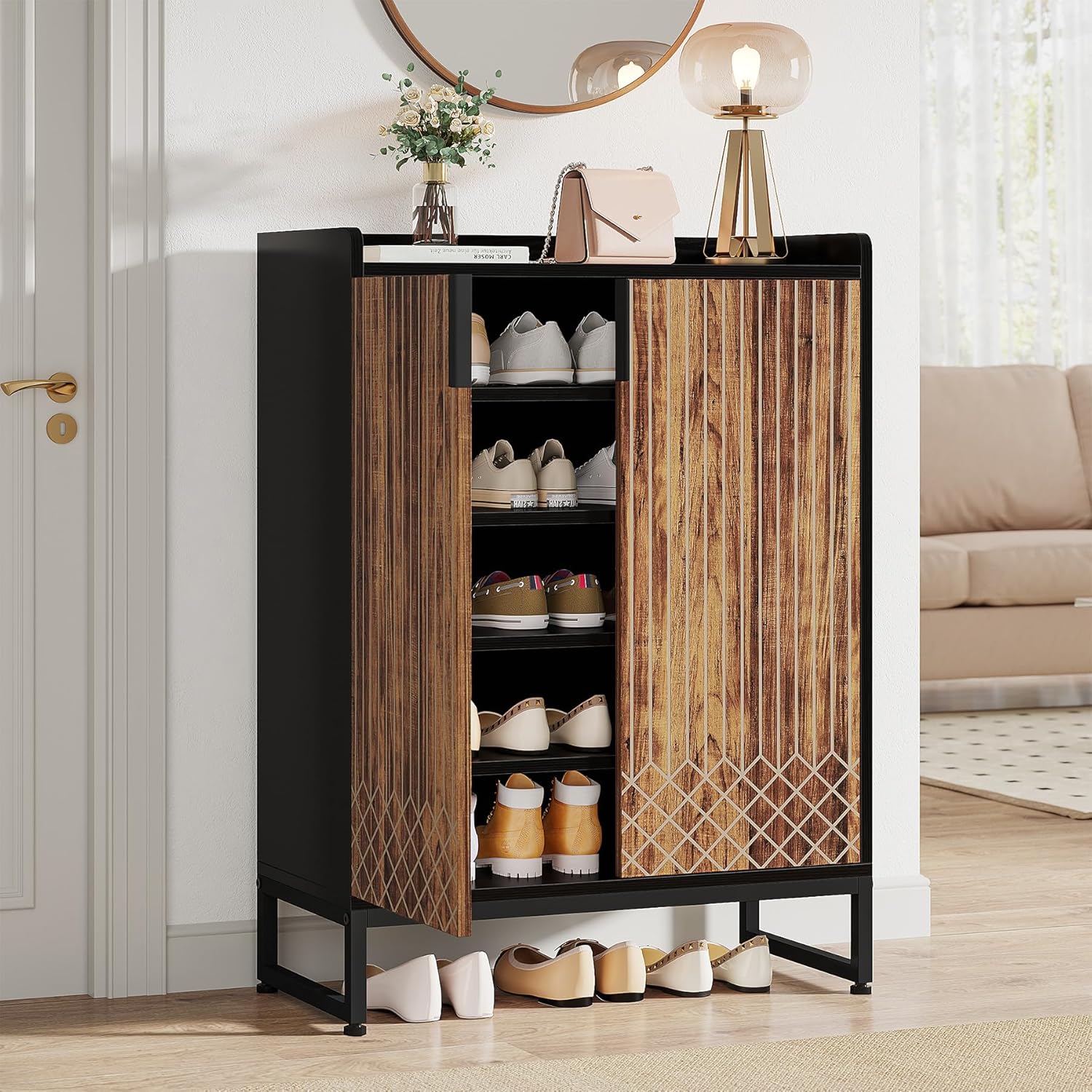 Tribesigns Shoe Cabinet with Doors, 5-Tier Shoe Storage Organizer for 25 Pairs, Modern Wooden Shoe Rack for Entryway, Hallway, Living Room, Black & Brown - Image 3