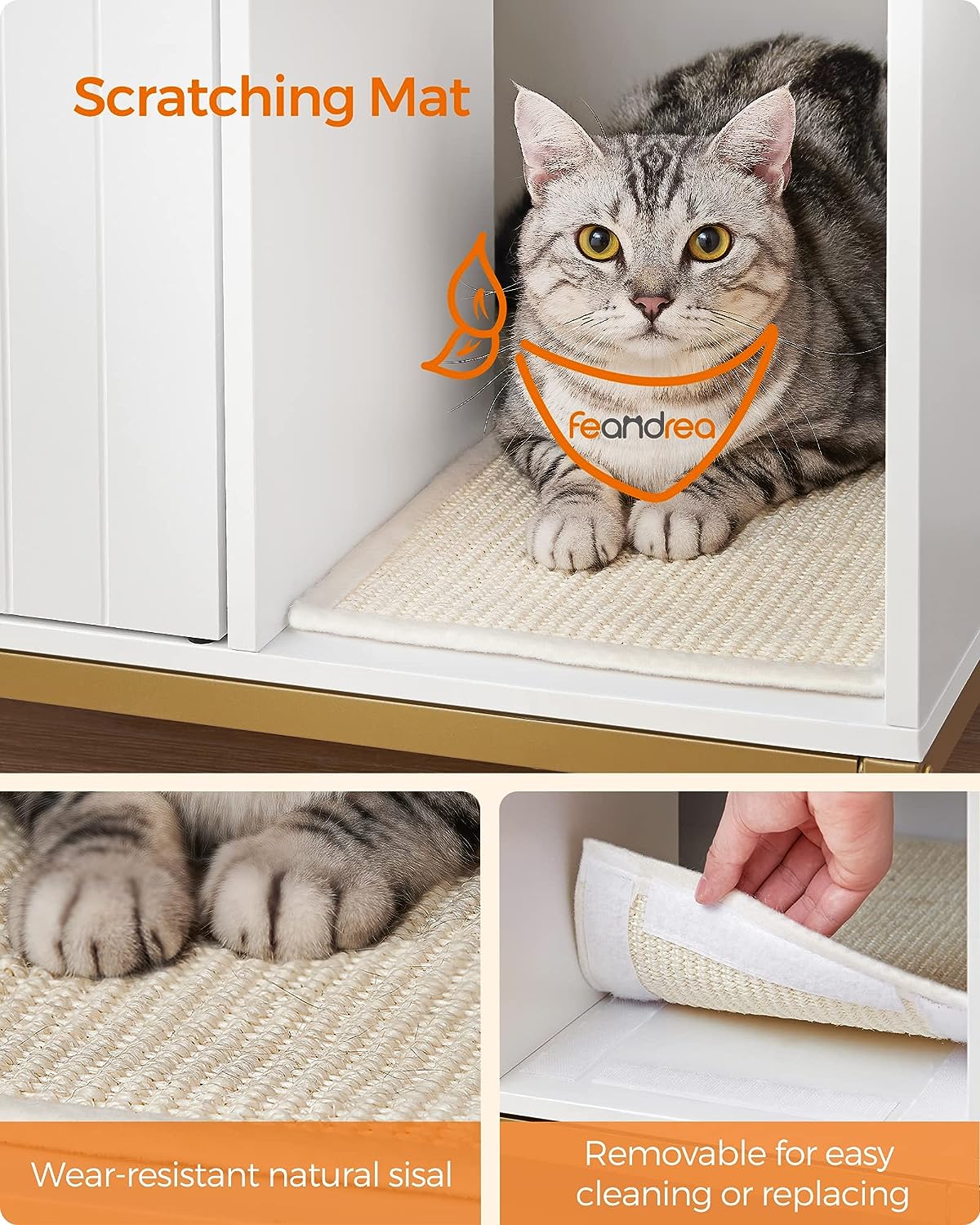 Feandrea Litter Box Enclosure, Modern Cat Litter Box Furniture Hidden, with Scratching Mat, Tall Legs, Cat House, Side End Table, 31.5 x 19.7 x 21.7 Inches, White and Gold UPCL007W01 - Image 4