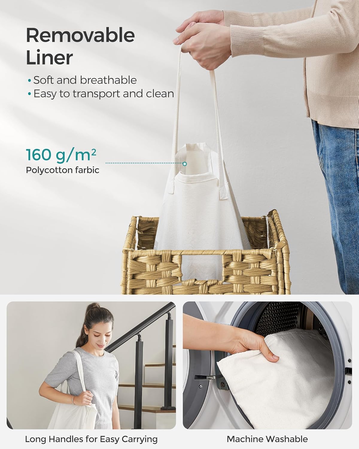 SONGMICS Handwoven Laundry Hamper, 23.8 Gal (90L) Synthetic Rattan Clothes Laundry Basket with Lid and Handles, Foldable, Removable Liner Bag, Natural ULCB51NL - Image 6