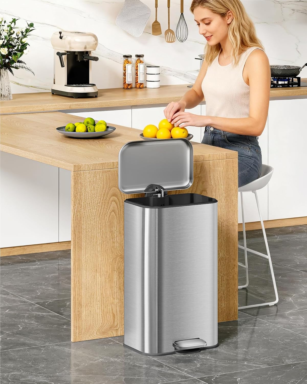 Hzuaneri Kitchen Trash Can, 30 Liter Pedal Bin with Soft-Close Lid and Inner Bucket, Includes 15 Trash Bags, Steel, Silver ASW13099B - Image 2