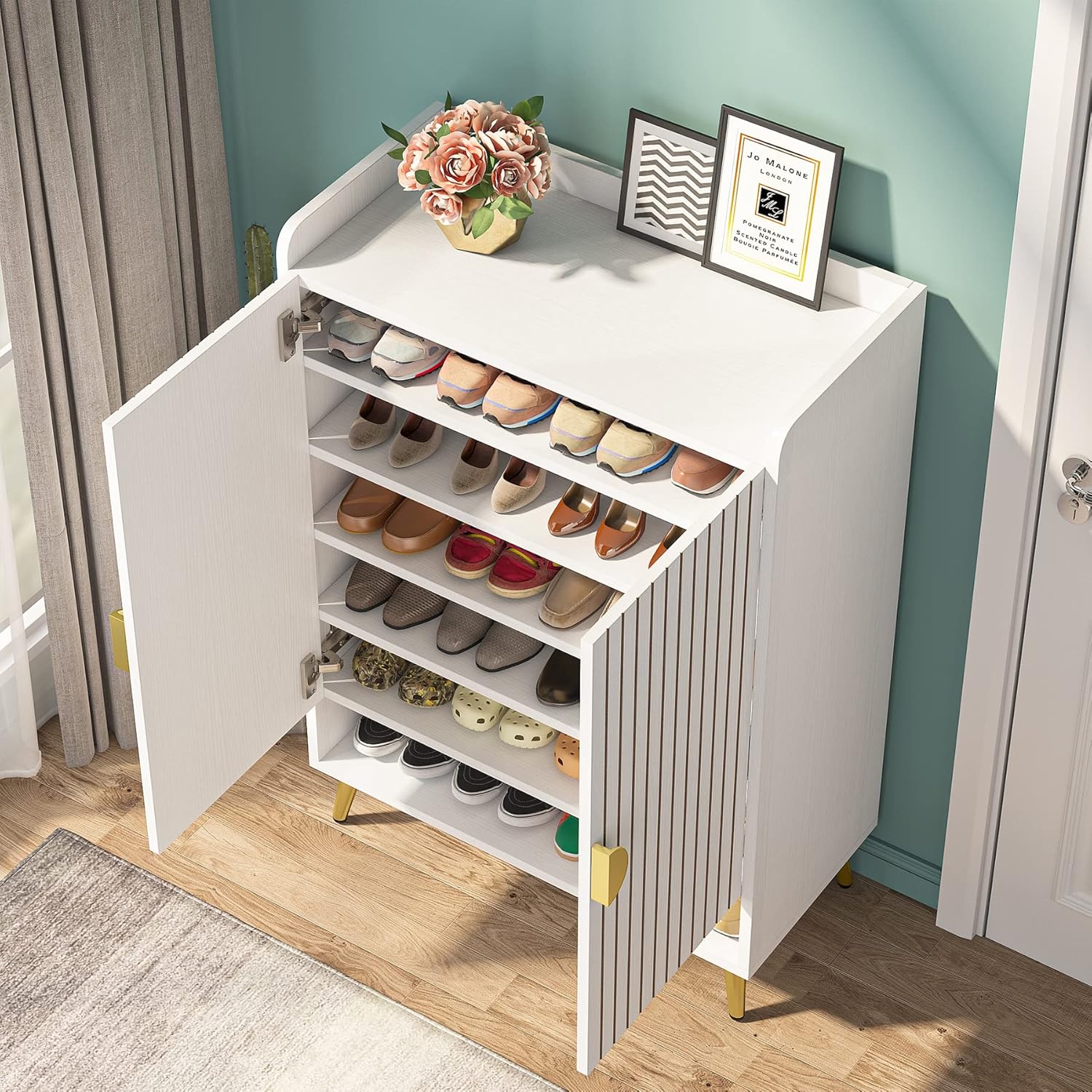 Tribesigns Shoe Cabinet with Doors, 6-Tier Shoe Storage Cabinet with Adjustable Shelves, Wooden Shoes Rack Shoe Storage Organizer for Entryway, Hallway, Closet, Living Room, White & Gold - Image 6