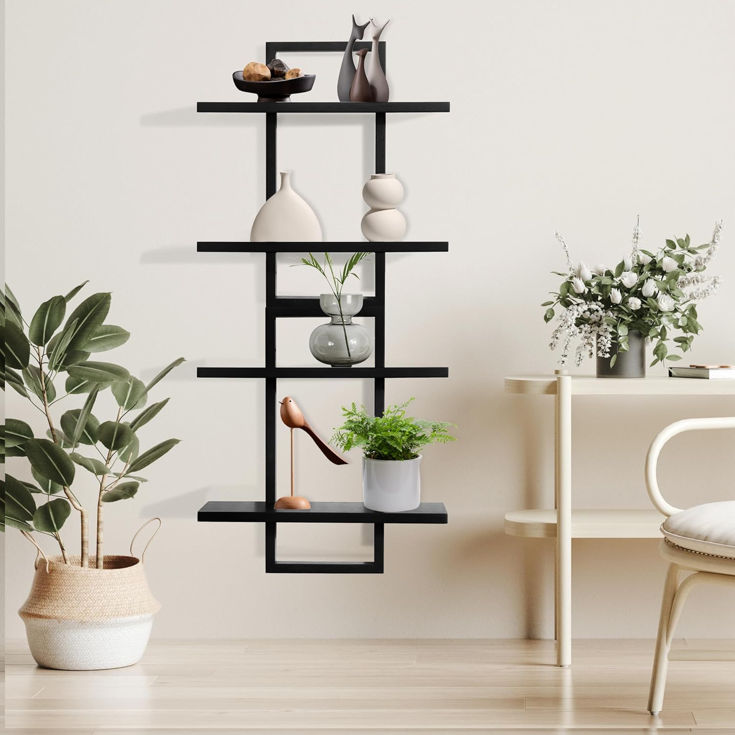 PHOENANCEE Floating Shelves for Wall,Display Hanging Shelf Set of 2,Modern Decorative Plants Shelves,Wood Home Decor Storage Chic for Living Room Bedroom Bathroom Office,Oak Frame,2-Tier Black - Image 2