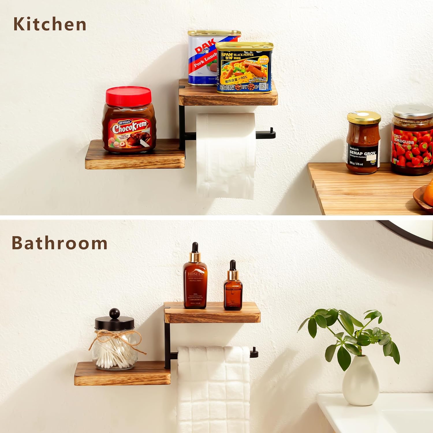 Wooden Vintage Toilet Roll Holder with Shelf Wall Mounted, Wall Mounted with Shelves for Storage, Wooden Vintage Style Double Shelf, Tissue Holder for Bathroom - Image 6