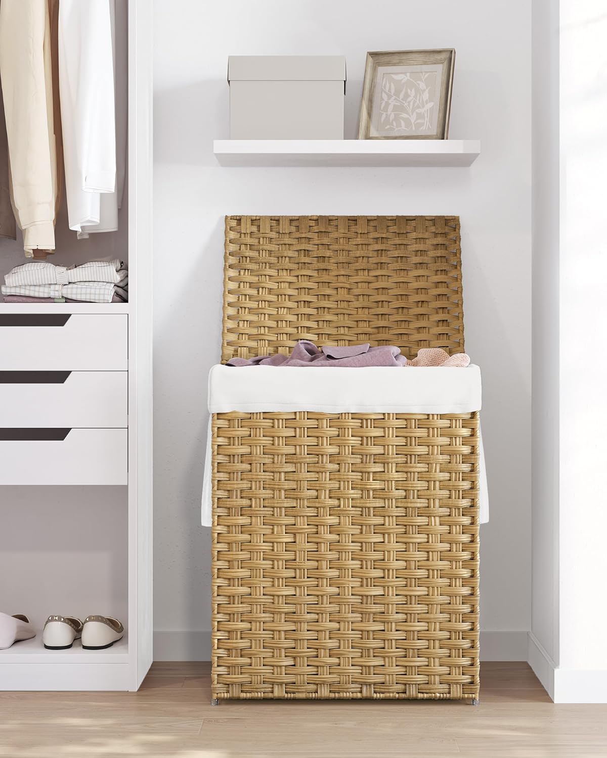 SONGMICS Handwoven Laundry Hamper, 23.8 Gal (90L) Synthetic Rattan Clothes Laundry Basket with Lid and Handles, Foldable, Removable Liner Bag, Natural ULCB51NL - Image 9