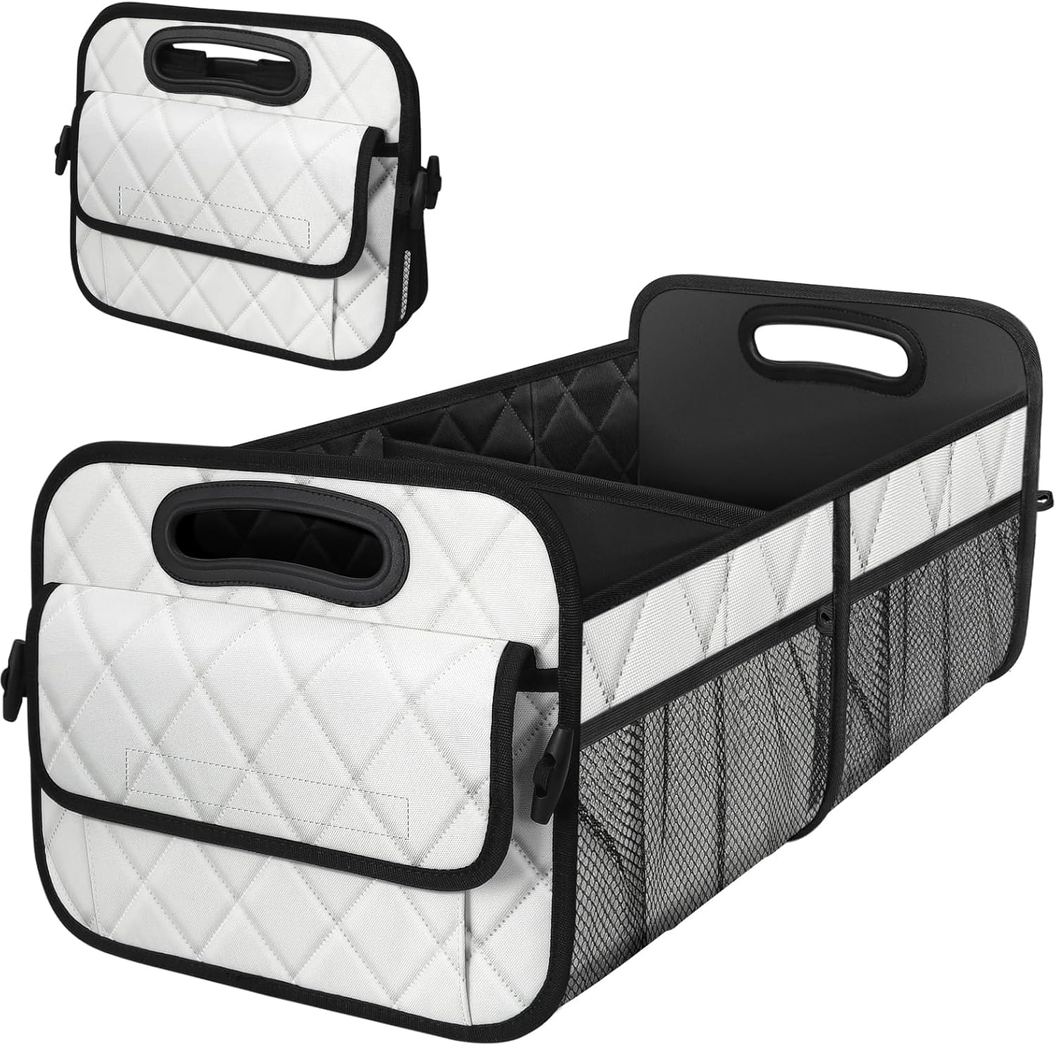 Car Trunk Organizer for SUV, Collapsible Car Organizers and Storage with 6 Pocket&Handles, Large SUV Car Storage Backseat Waterproof Accessories 50LWaterproof Polyester Trunk Organizer (White)