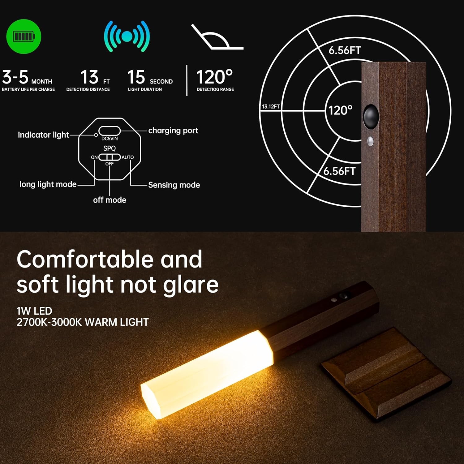 Motion Sensor Light Indoor, Stick on Motion Wall Light Wooden Wall Sconce wooden LED Wall Sconce Indoor Rechargeable Wooden Wall Light for Hallway, Stair, Closet, Shelf, Bathroom, Kitchen (Walnut) - Image 4