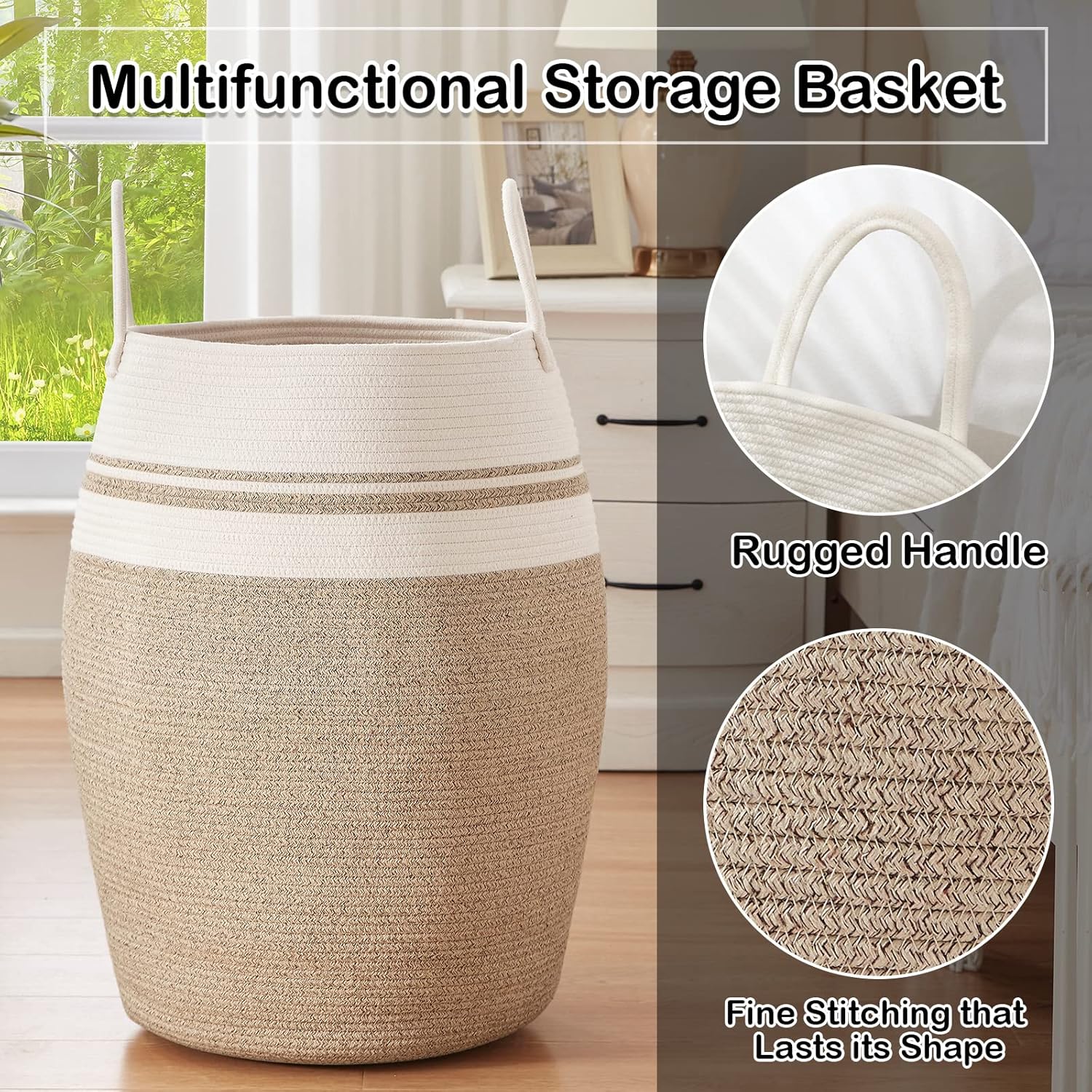 OIAHOMY Laundry Hamper Woven Cotton Rope Large Clothes Hamper 25.6" Height Tall Laundry Basket with Extended Cotton Handles for Storage Clothes Toys in Bedroom, Bathroom, Foldable (Yellow variegated) - Image 5