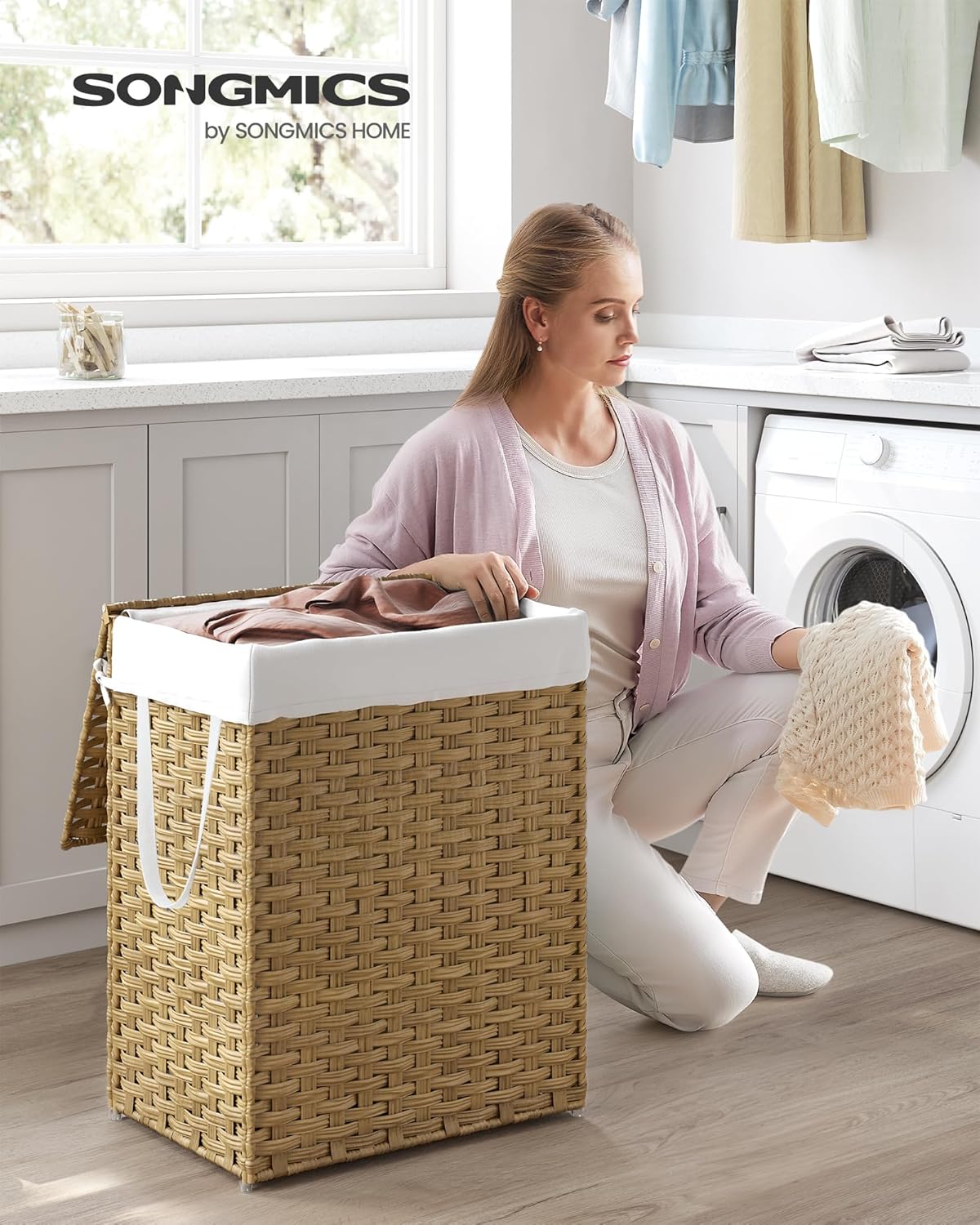 SONGMICS Handwoven Laundry Hamper, 23.8 Gal (90L) Synthetic Rattan Clothes Laundry Basket with Lid and Handles, Foldable, Removable Liner Bag, Natural ULCB51NL - Image 2