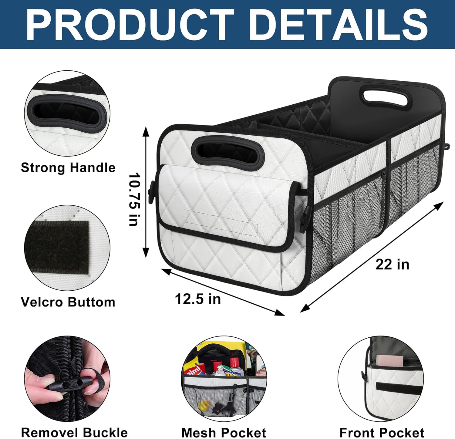 Car Trunk Organizer for SUV, Collapsible Car Organizers and Storage with 6 Pocket&Handles, Large SUV Car Storage Backseat Waterproof Accessories 50LWaterproof Polyester Trunk Organizer (White) - Image 4