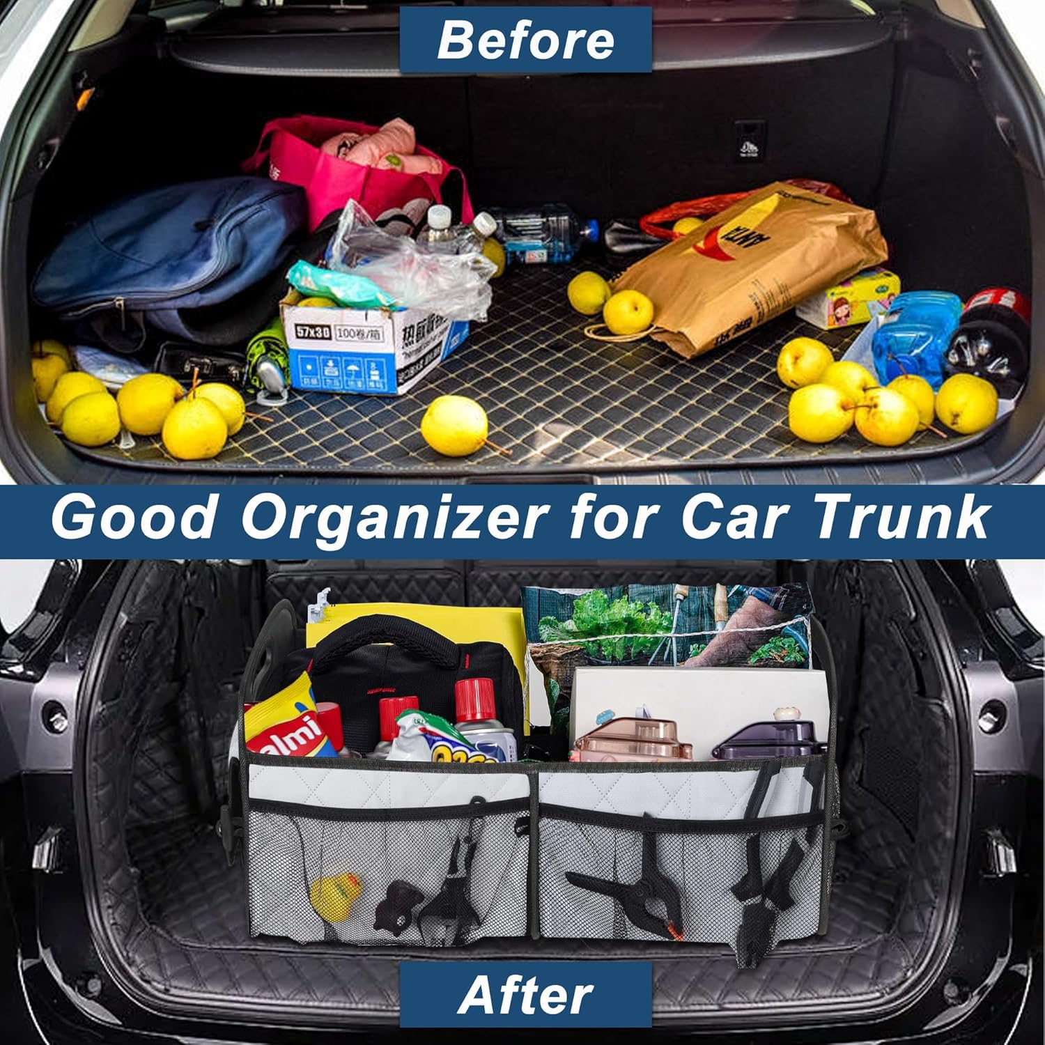 Car Trunk Organizer for SUV, Collapsible Car Organizers and Storage with 6 Pocket&Handles, Large SUV Car Storage Backseat Waterproof Accessories 50LWaterproof Polyester Trunk Organizer (White) - Image 8