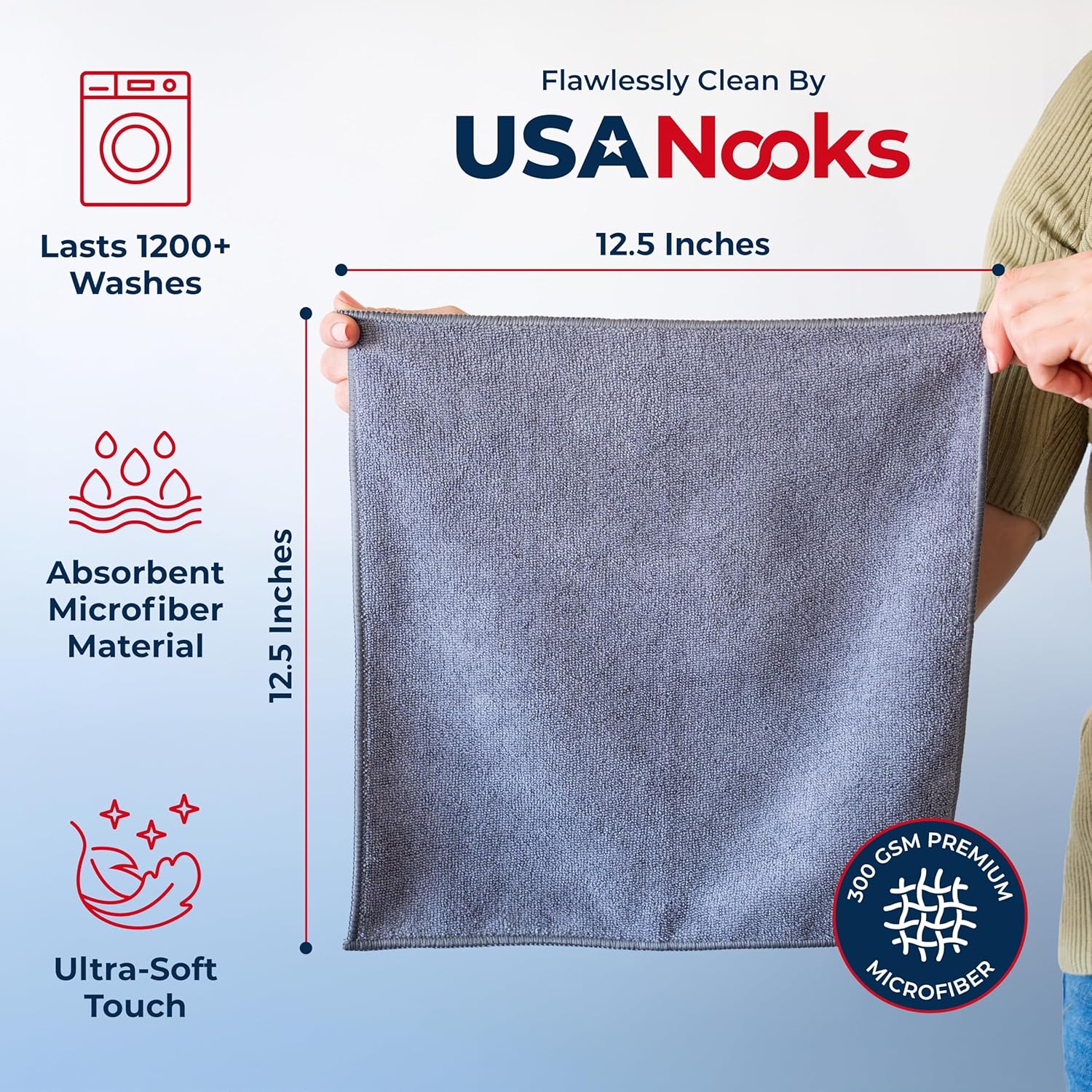 USANOOKS Microfiber Cleaning Cloth Grey - 12 packs 16"x16" - High Performance - 1200 Washes, Ultra Absorbent Towels Weave Grime & Liquid for Streak-Free Mirror Shine - Car Washing cloth and Applicator - Image 2