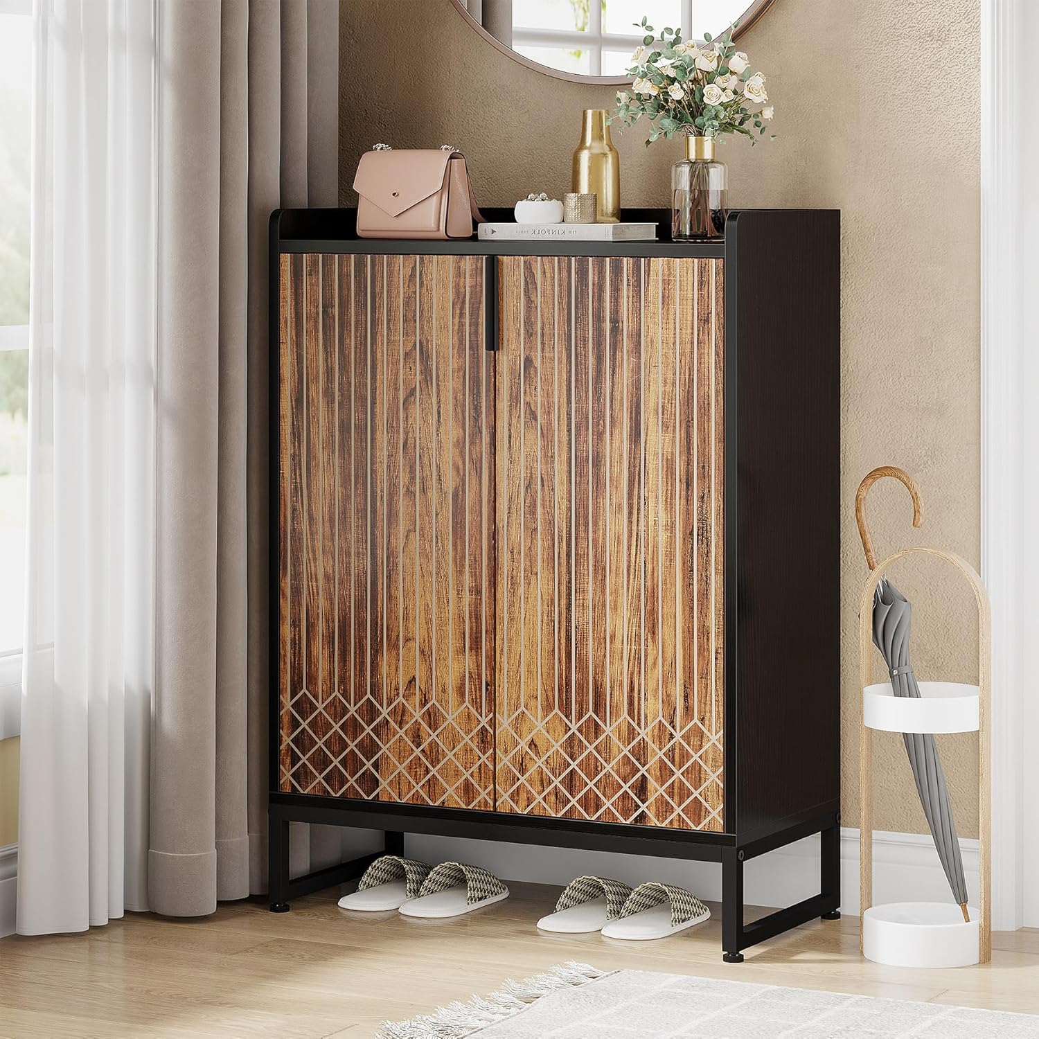 Tribesigns Shoe Cabinet with Doors, 5-Tier Shoe Storage Organizer for 25 Pairs, Modern Wooden Shoe Rack for Entryway, Hallway, Living Room, Black & Brown