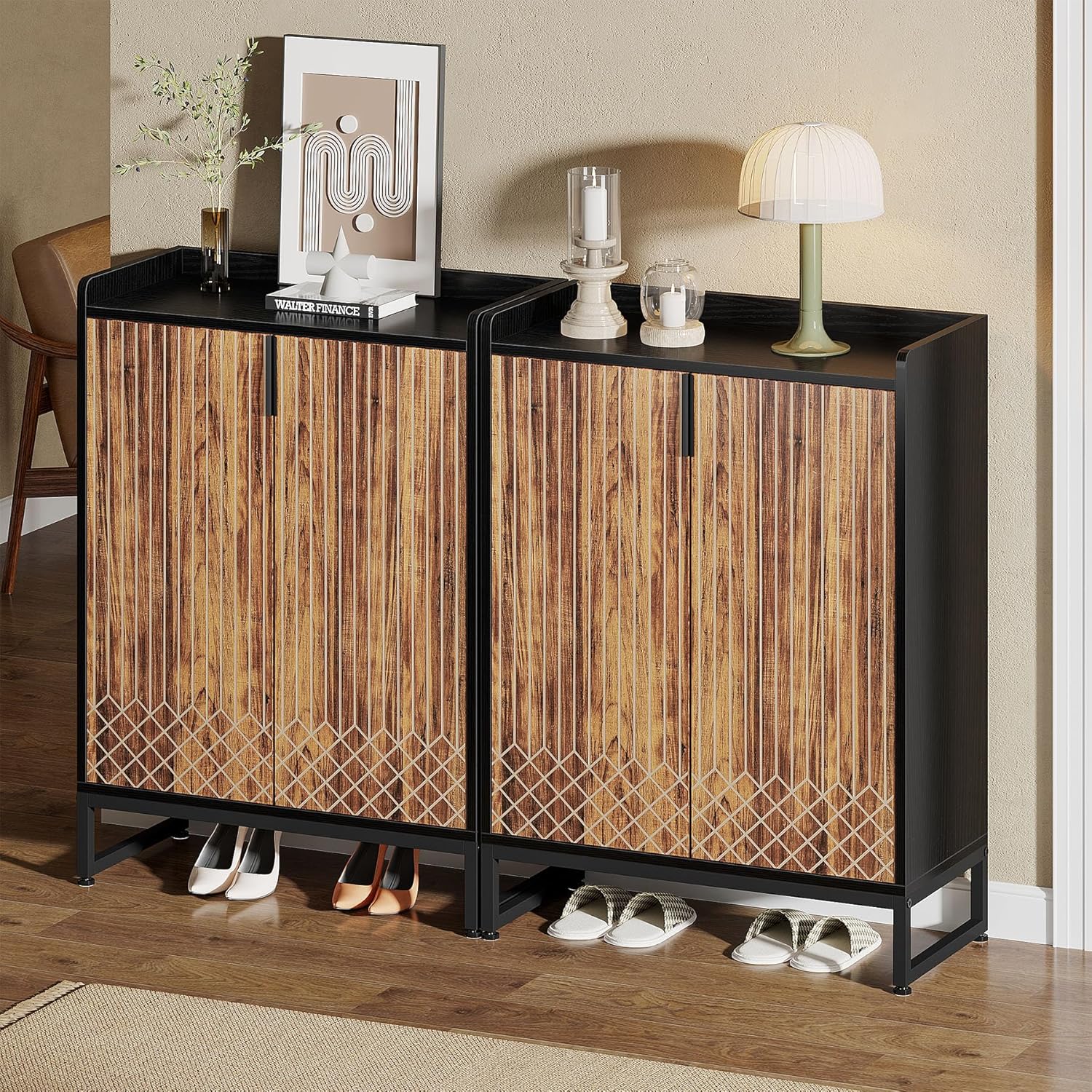 Tribesigns Shoe Cabinet with Doors, 5-Tier Shoe Storage Organizer for 25 Pairs, Modern Wooden Shoe Rack for Entryway, Hallway, Living Room, Black & Brown - Image 4