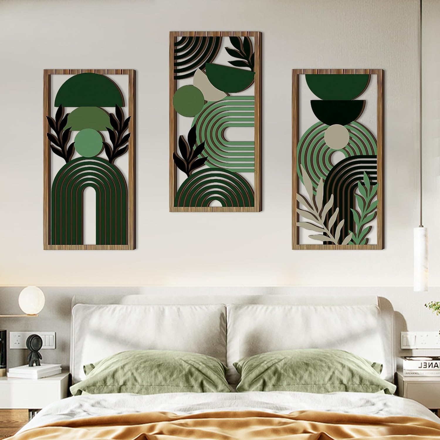 Abstract Wall Art Set of 3, Boho Geometric Wood Wall Decor, Framed Aesthetic Botanical Artwork, Green Room Decor for Bedroom, Living Room, Office, Modern Home Wall Art - Image 6