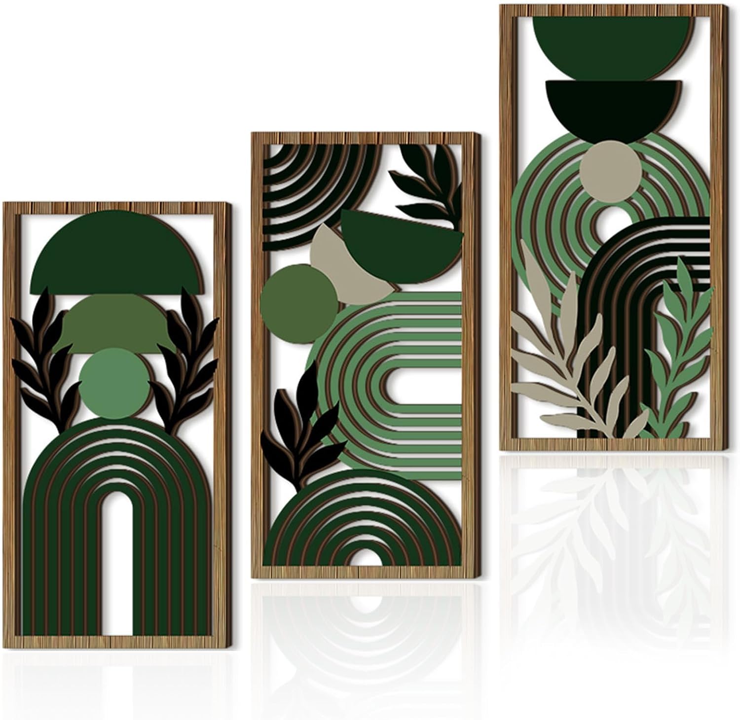 Abstract Wall Art Set of 3, Boho Geometric Wood Wall Decor, Framed Aesthetic Botanical Artwork, Green Room Decor for Bedroom, Living Room, Office, Modern Home Wall Art