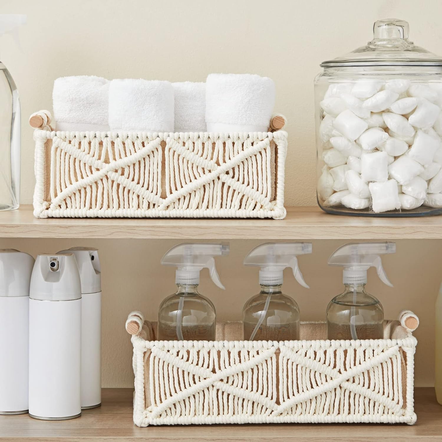 SKY-TOUCH Handwoven Macrame Storage Baskets,Woven Toilet Paper Basket with Handle for Bathroom Countertop, Storage Shelf for Bedroom, Living Room, Home (Ivory) - Image 8
