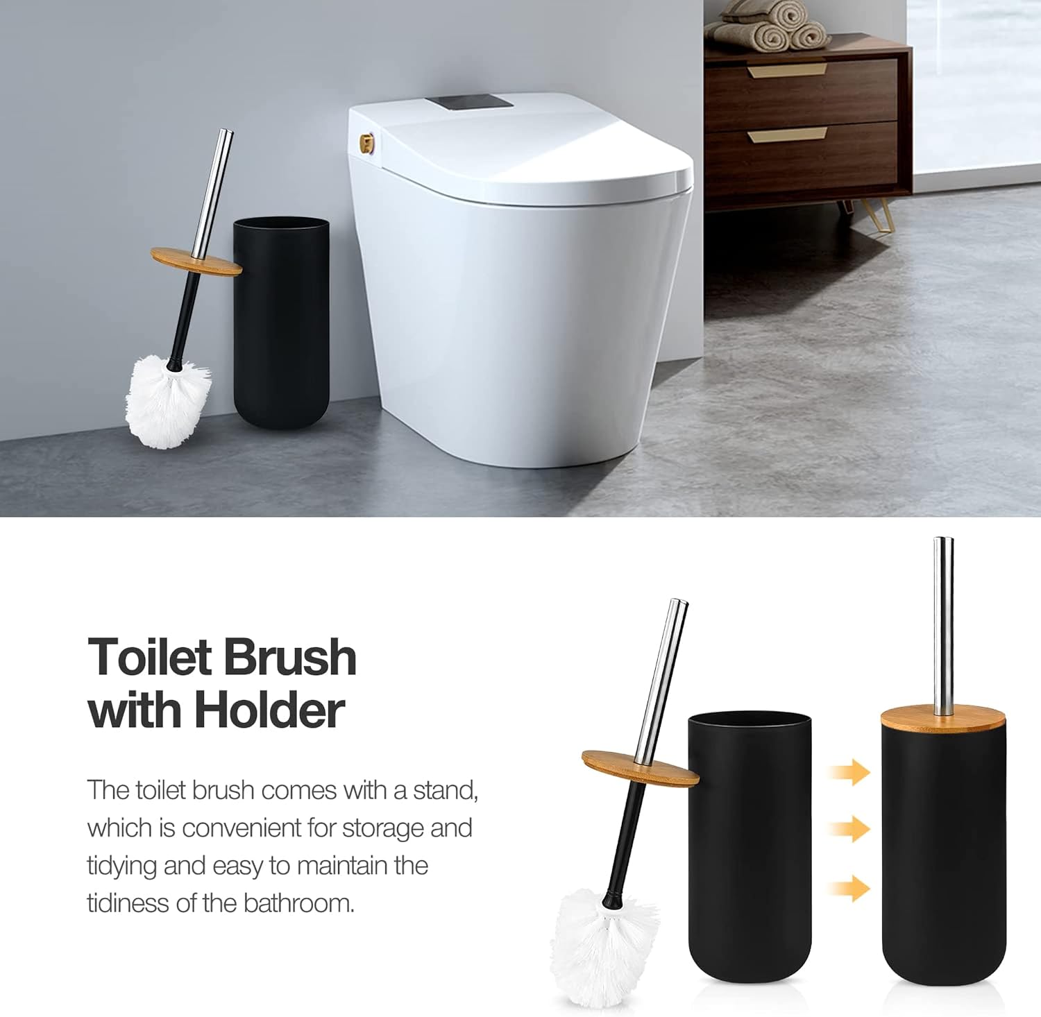 6-pcs Bathroom Accessory Set, | Bamboo Black Bathroom Set Includes Toothbrush Cup & Holder, Soap Dispenser, Soap Dish, Durable Toilet Brush with Holder - Modern Trash Can (BLACK) - Image 5